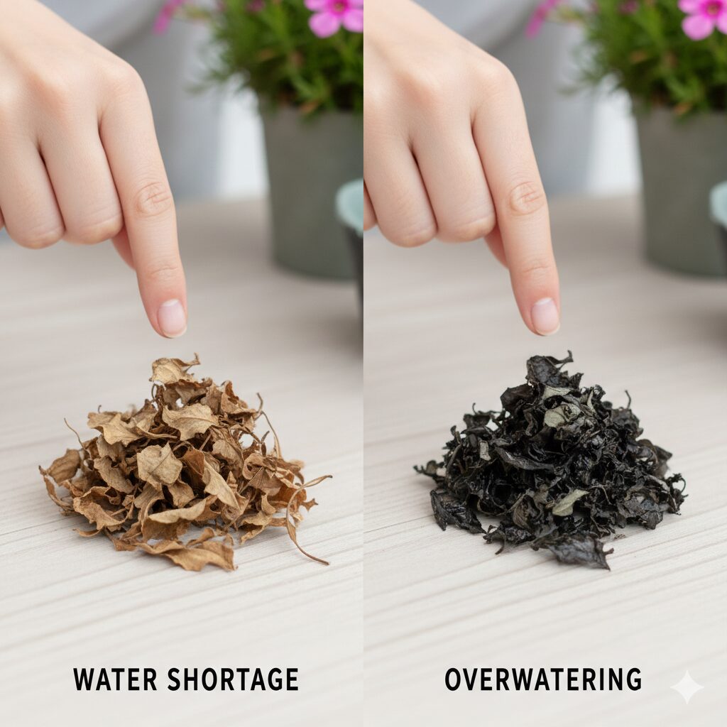 芝桜 枯れる原因6 水不足による乾燥した枯れ葉と、過湿による根腐れで変色した葉の比較。