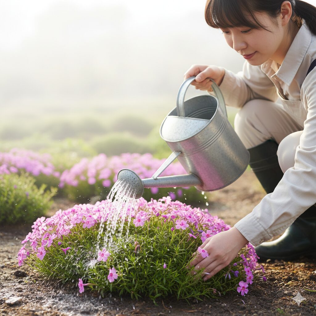 芝桜 枯れる原因7 芝桜の根を傷めないよう、夏の早朝の涼しい時間帯に株元へ行う適切な水やり。