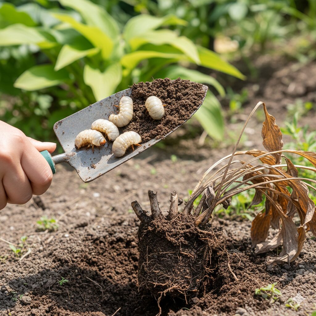 芝桜 枯れる原因8 芝桜の根を食い荒らすコガネムシの幼虫と、食害によって抜けてしまった株。