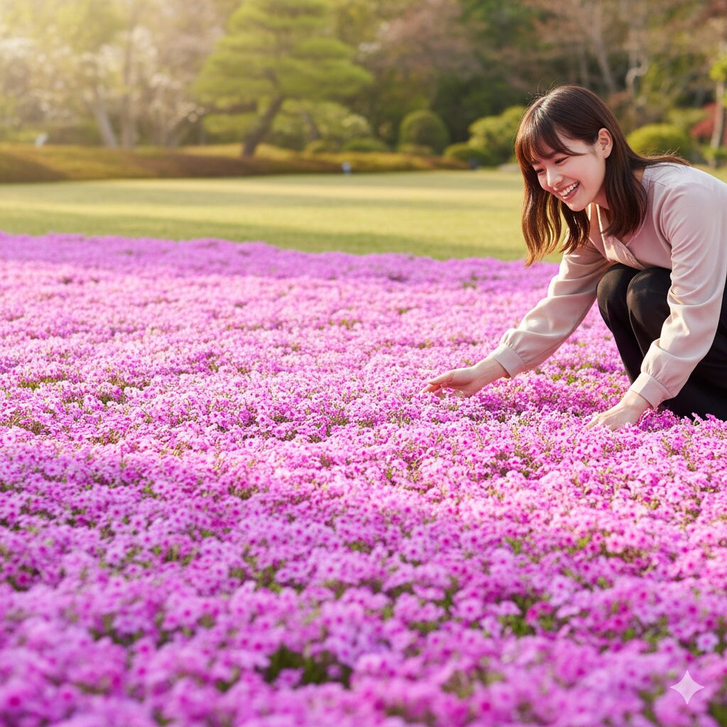 芝桜 育て方 地植え1　庭一面を鮮やかなピンク色の花の絨毯で埋め尽くす満開の芝桜の地植え風景