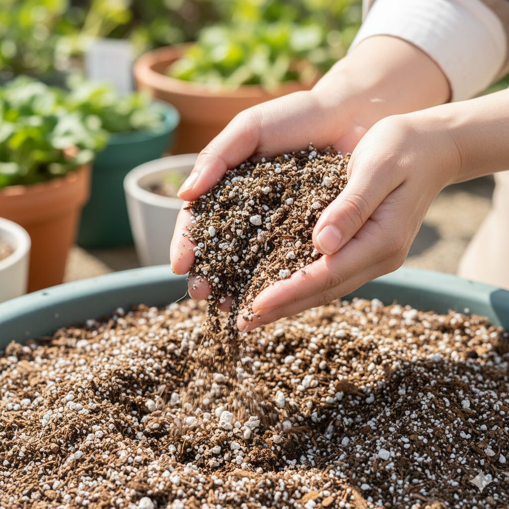 芝桜 育て方 地植え3　芝桜の根腐れを防ぐためにパーライトや腐葉土を配合した水はけの良い改良土