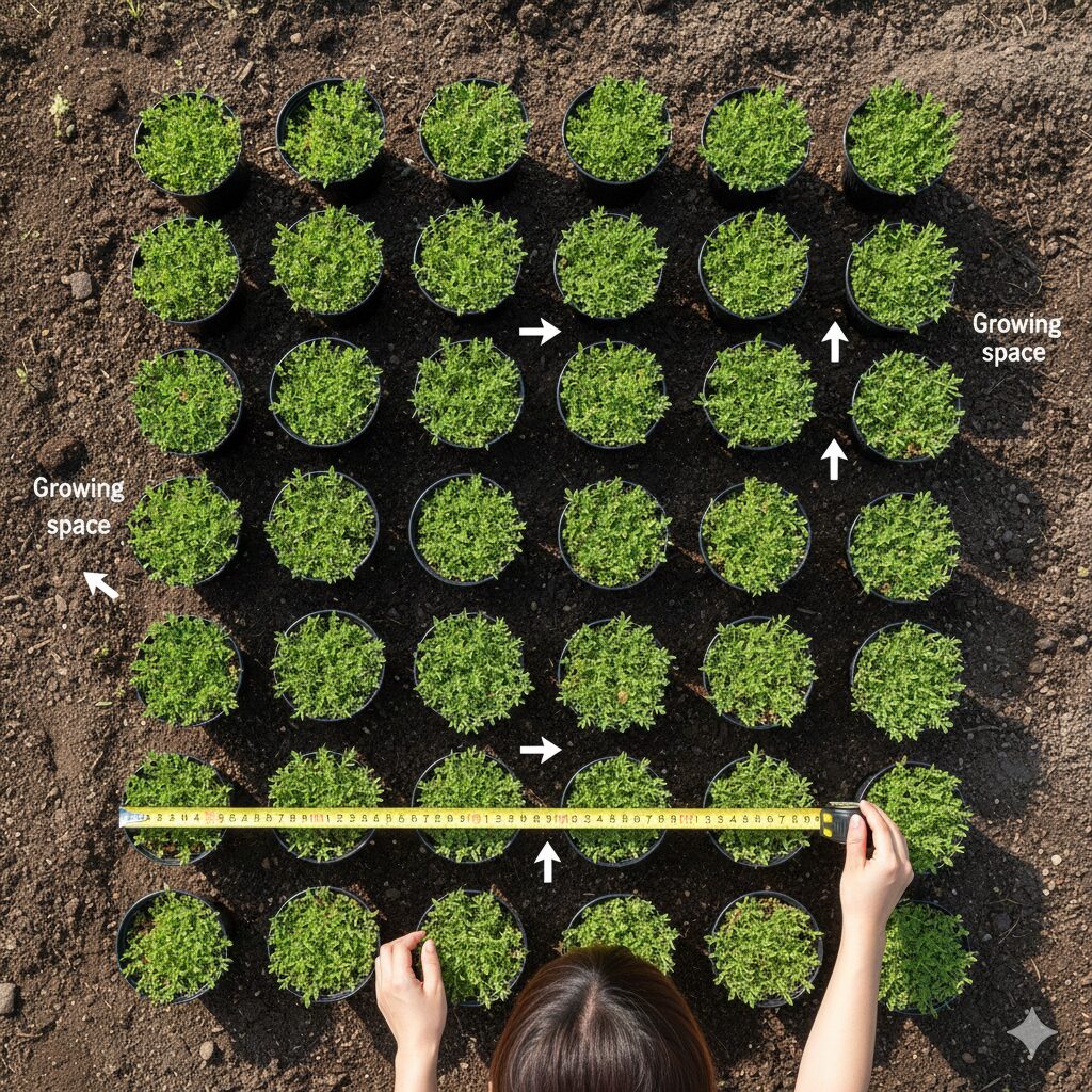 芝桜 育て方 地植え4　25cmの適切な間隔を空けて配置された芝桜の苗の地植えレイアウト