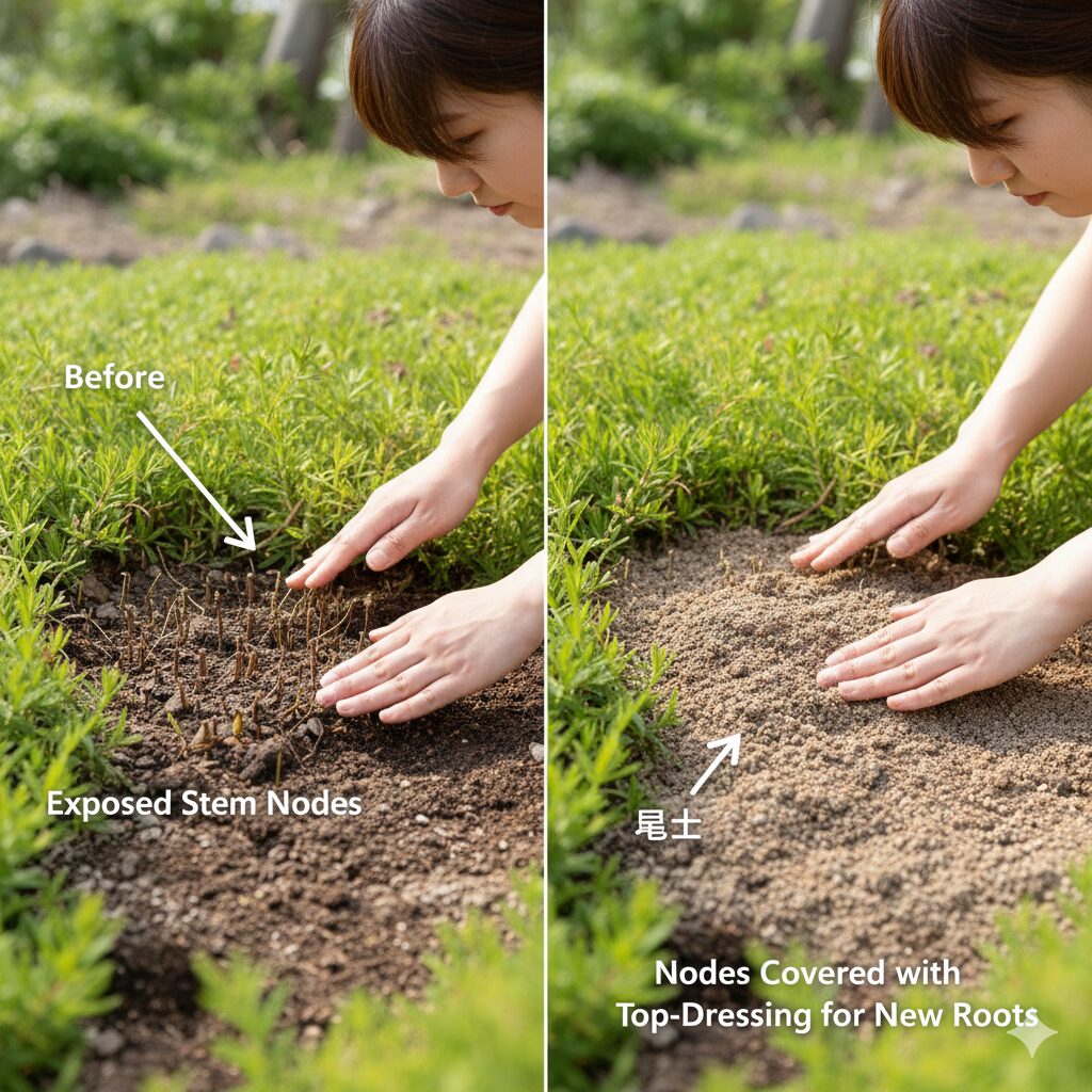 芝桜 育て方 地植え7　芝桜の若返りを促すために茎の隙間に目土を被せる「目土入れ」の作業