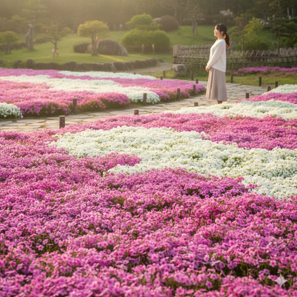 芝桜刈り込み時期1　庭一面に満開のピンクと白の芝桜が広がる美しい花の絨毯の風景