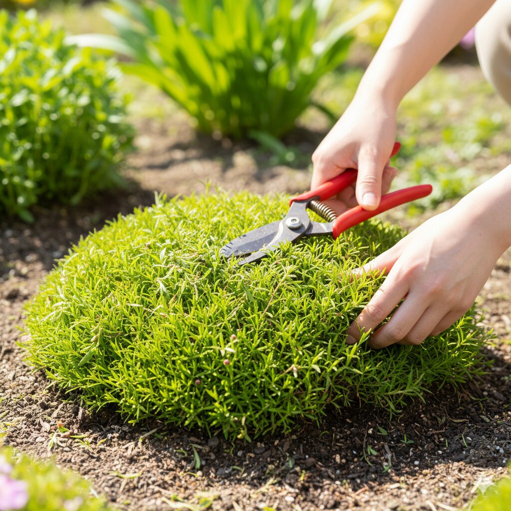 芝桜刈り込み時期3　芝桜を地面から3〜5センチの高さでドーム状に切り戻す剪定作業の手元