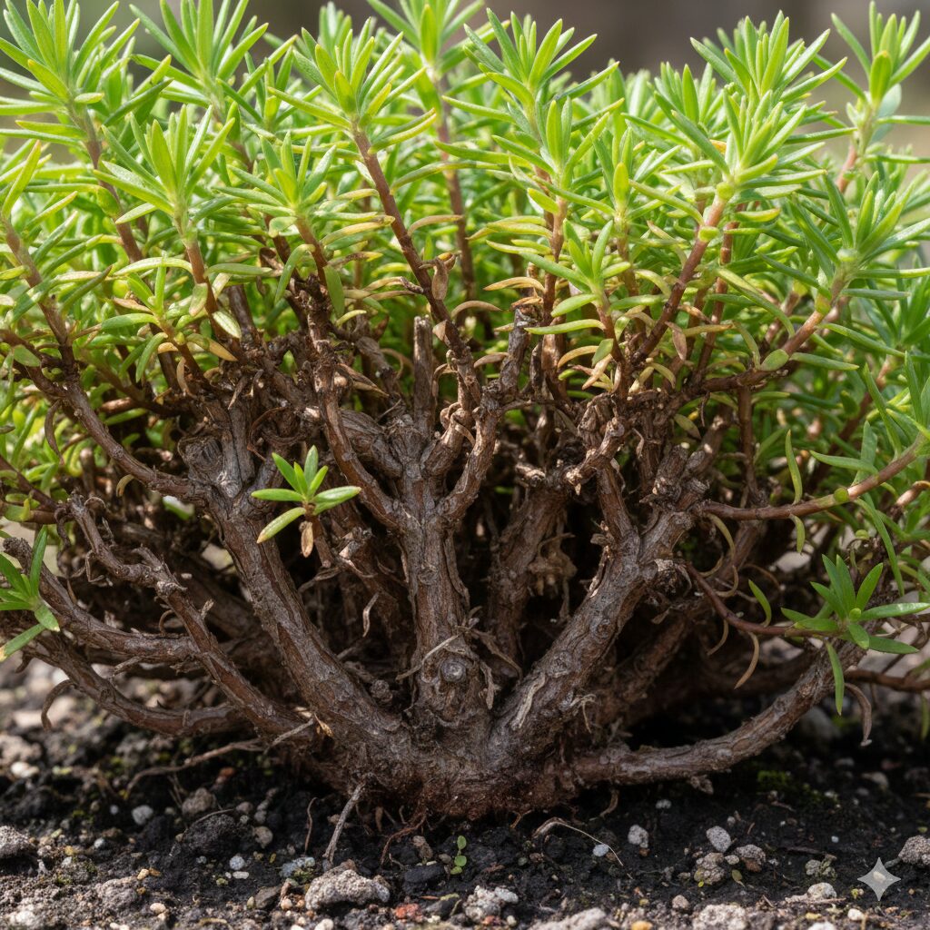 芝桜刈り込み時期4　芝桜の茎が茶色く硬くなった木質化部分と先端に残る緑の葉の様子