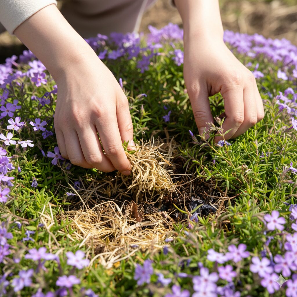 芝桜刈り込み時期5　芝桜の株の内側に溜まった枯れ葉やゴミを取り除く蒸れ対策の掃除作業