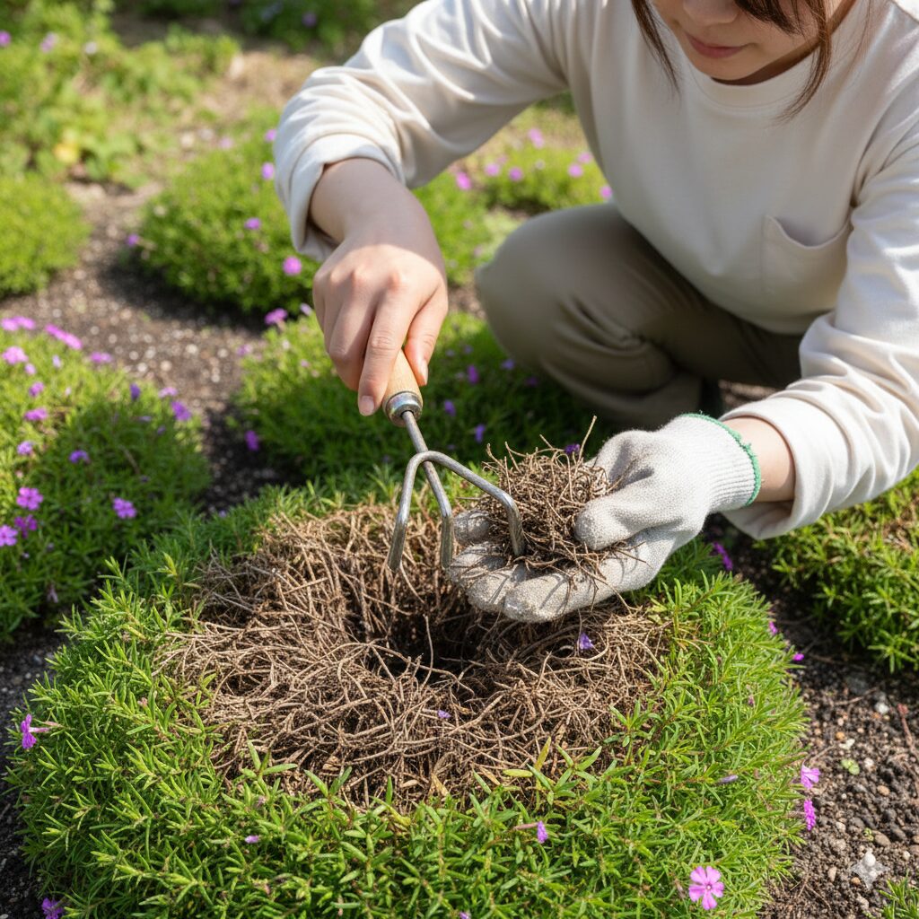 芝桜刈り込み時期7　芝桜の病気予防のために刈り込み後の刈りカスを掃除する作業