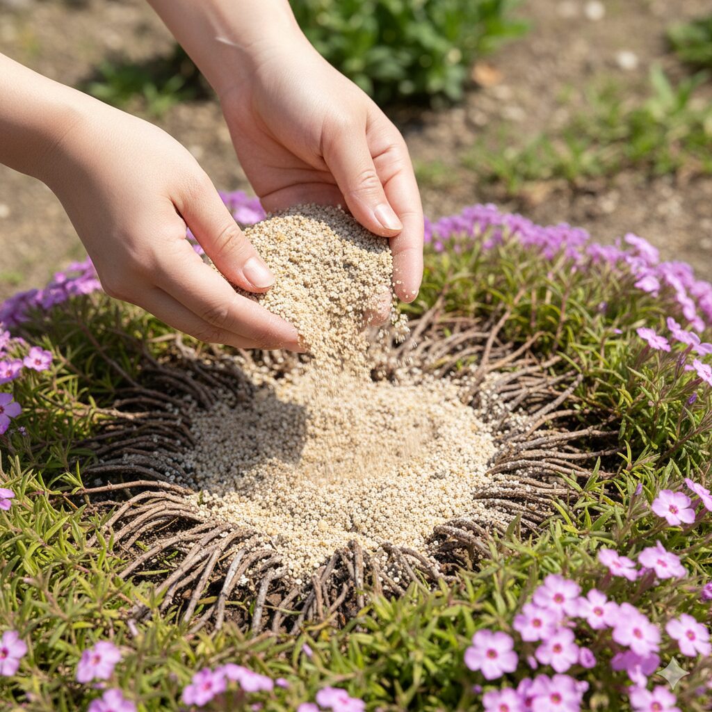 芝桜刈り込み時期8　芝桜の茎の発根を促すために新しい土を薄く被せる目土入れ作業