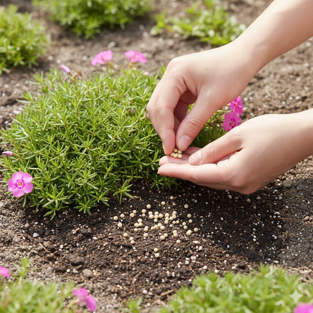 芝桜刈り込み時期9　芝桜の株元に少量の緩効性固形肥料を適切に与える様子