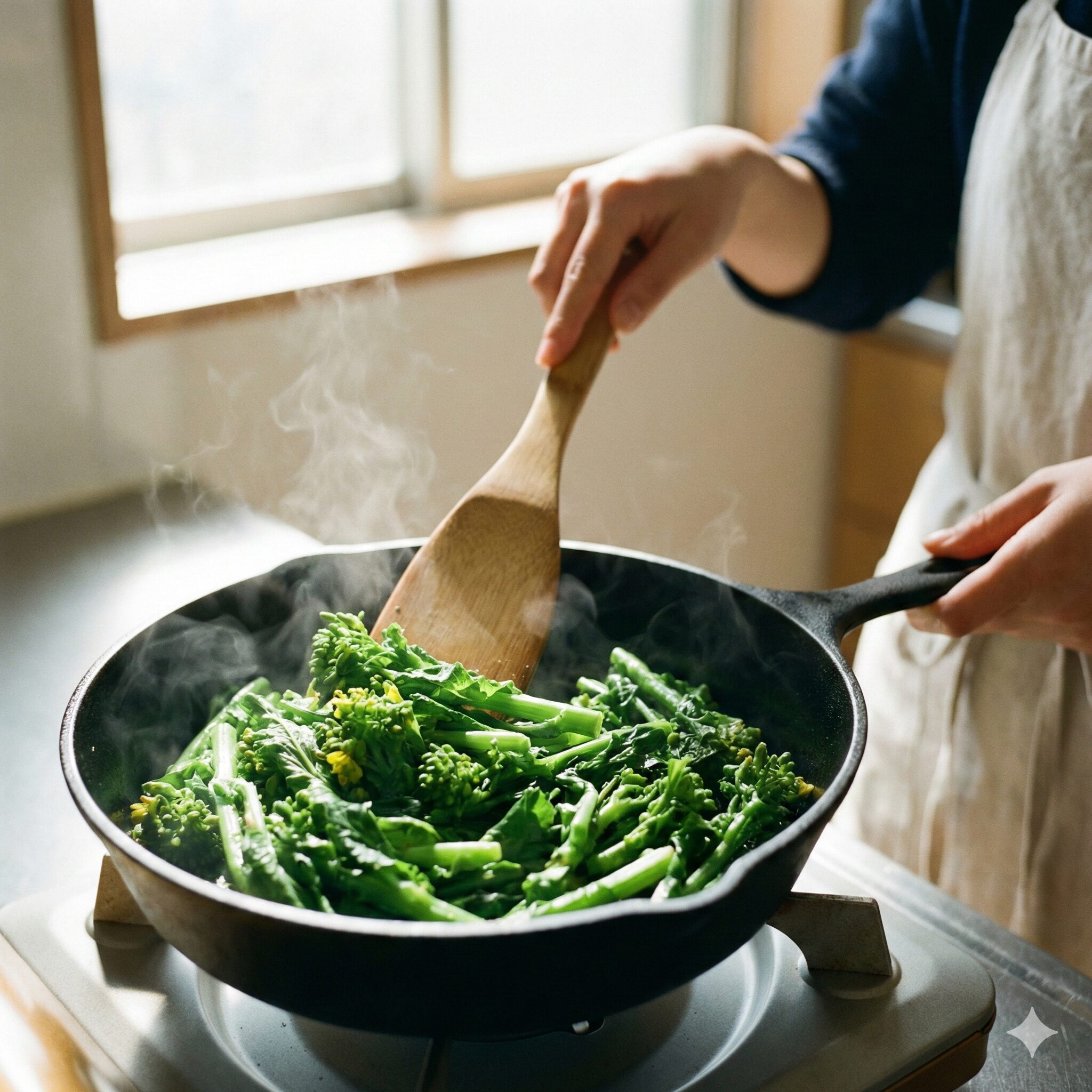 菜の花 炒めるだけ1　菜の花をフライパンで炒めて春の絶品おかずを作る様子