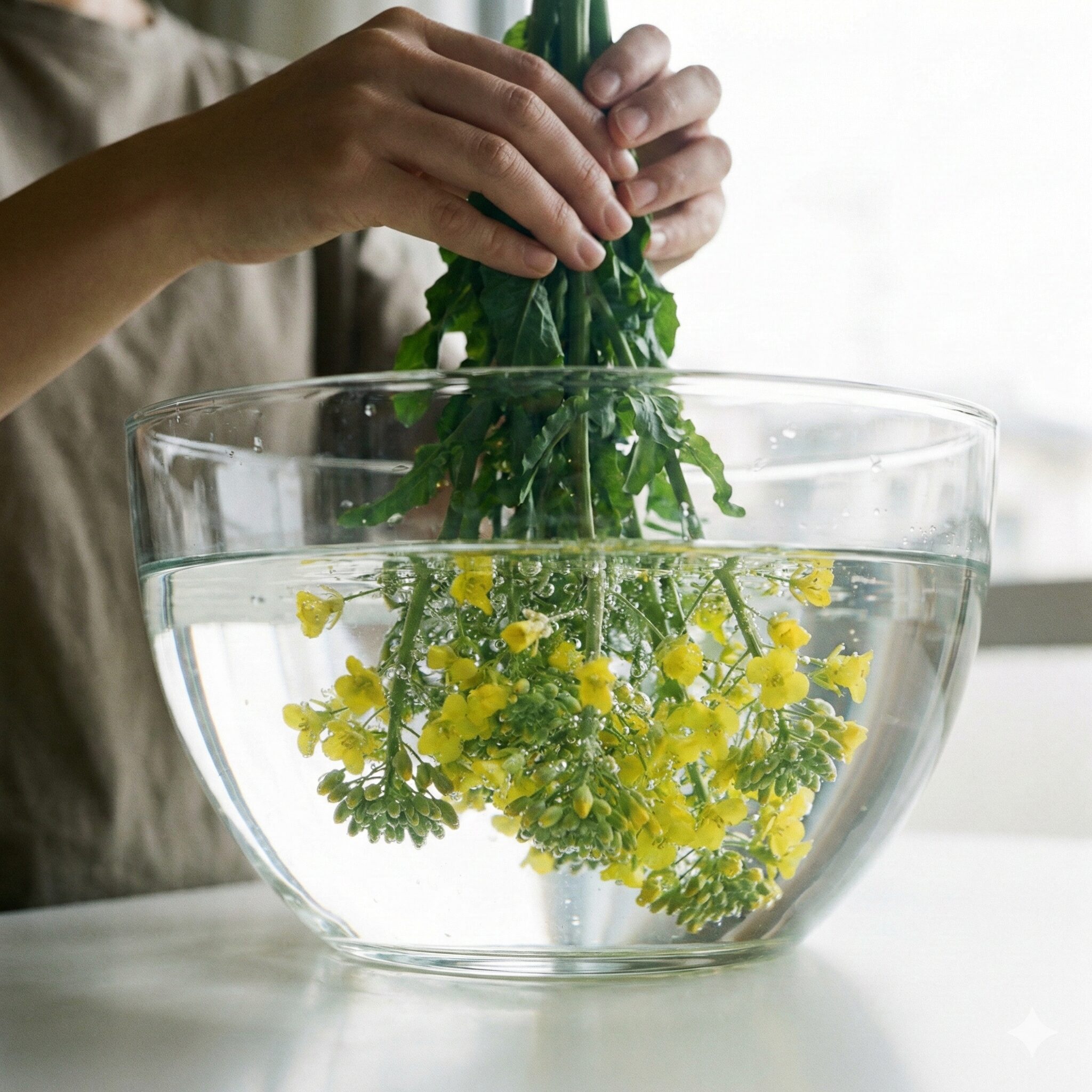 菜の花 炒めるだけ3　菜の花の蕾を水に浸して虫や汚れを落とす正しい洗浄方法