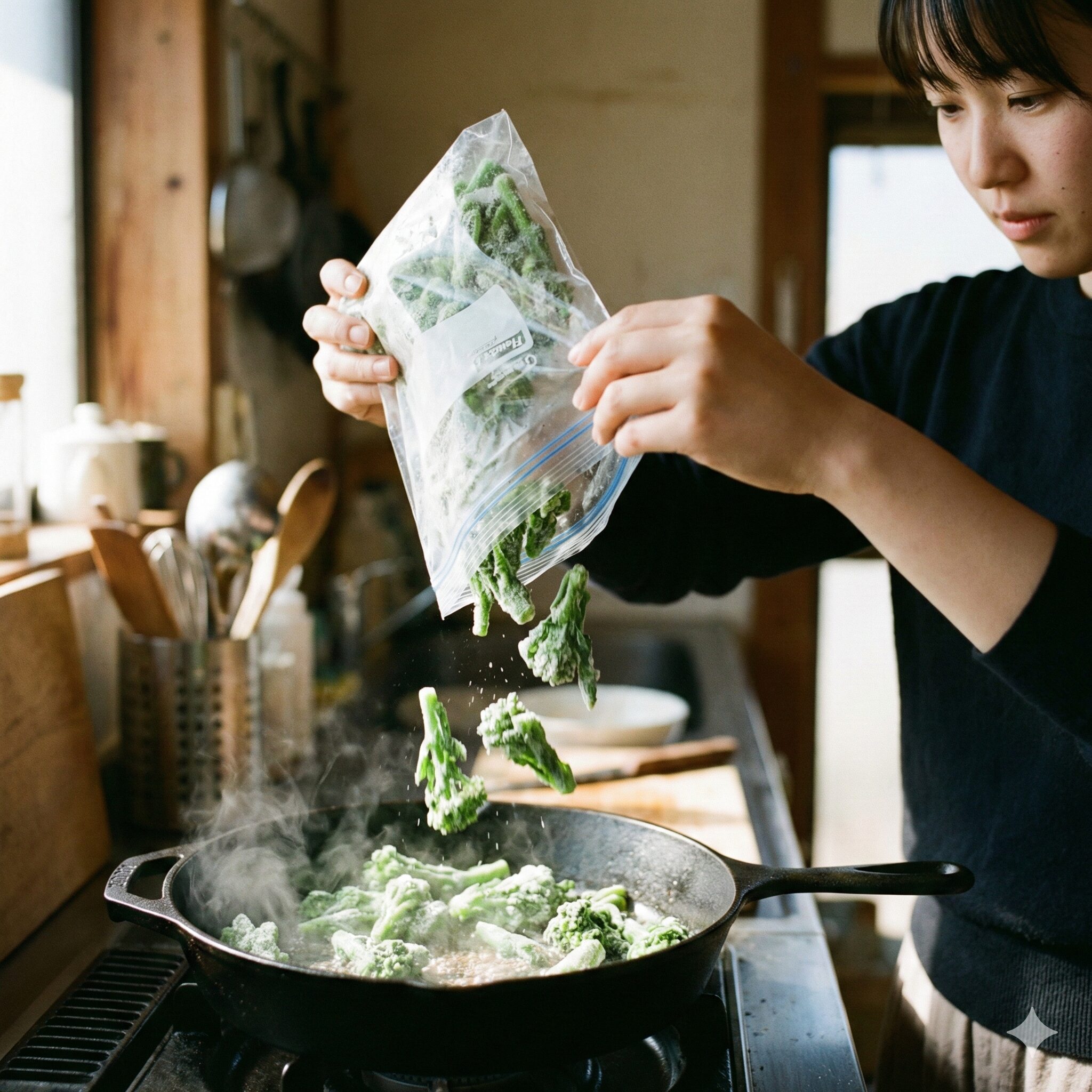 菜の花 炒めるだけ9　生のまま冷凍した菜の花を解凍せずに直接フライパンで炒める時短術