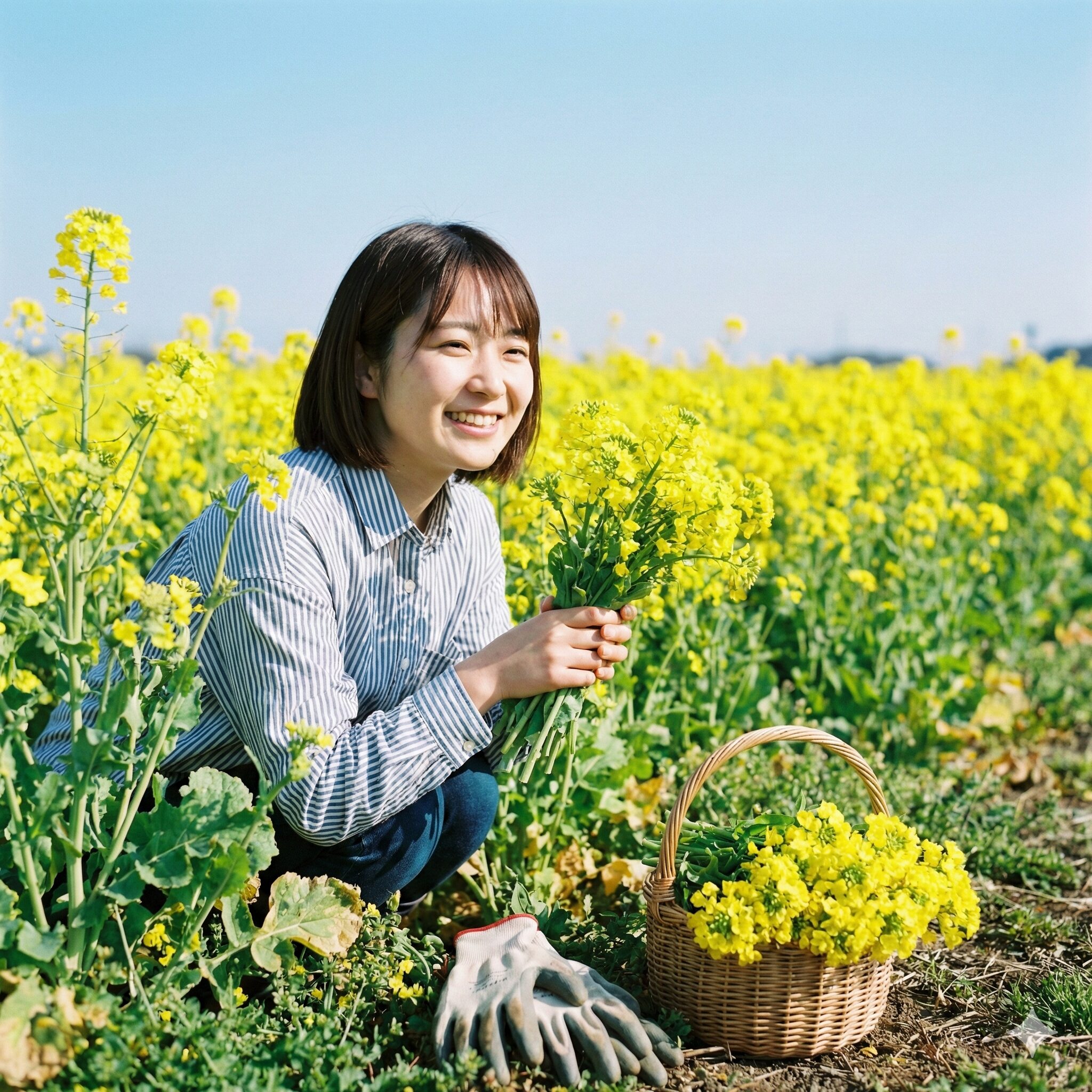 菜の花 種まき 11月1　11月の種まきから春に満開を迎えた菜の花畑と収穫した新鮮な菜の花