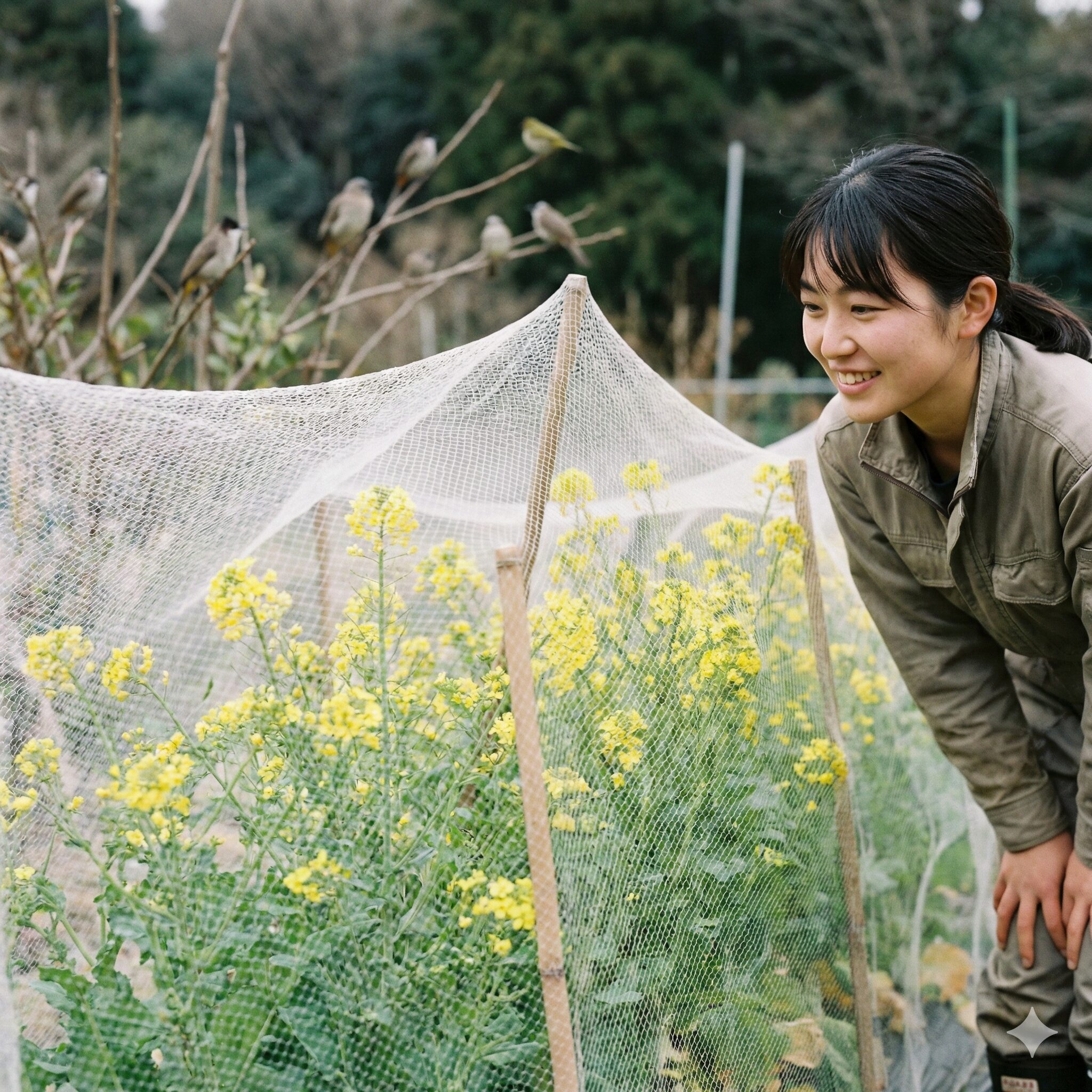 菜の花 種まき 11月10　冬の間の鳥による食害を防ぐために設置された防鳥ネット