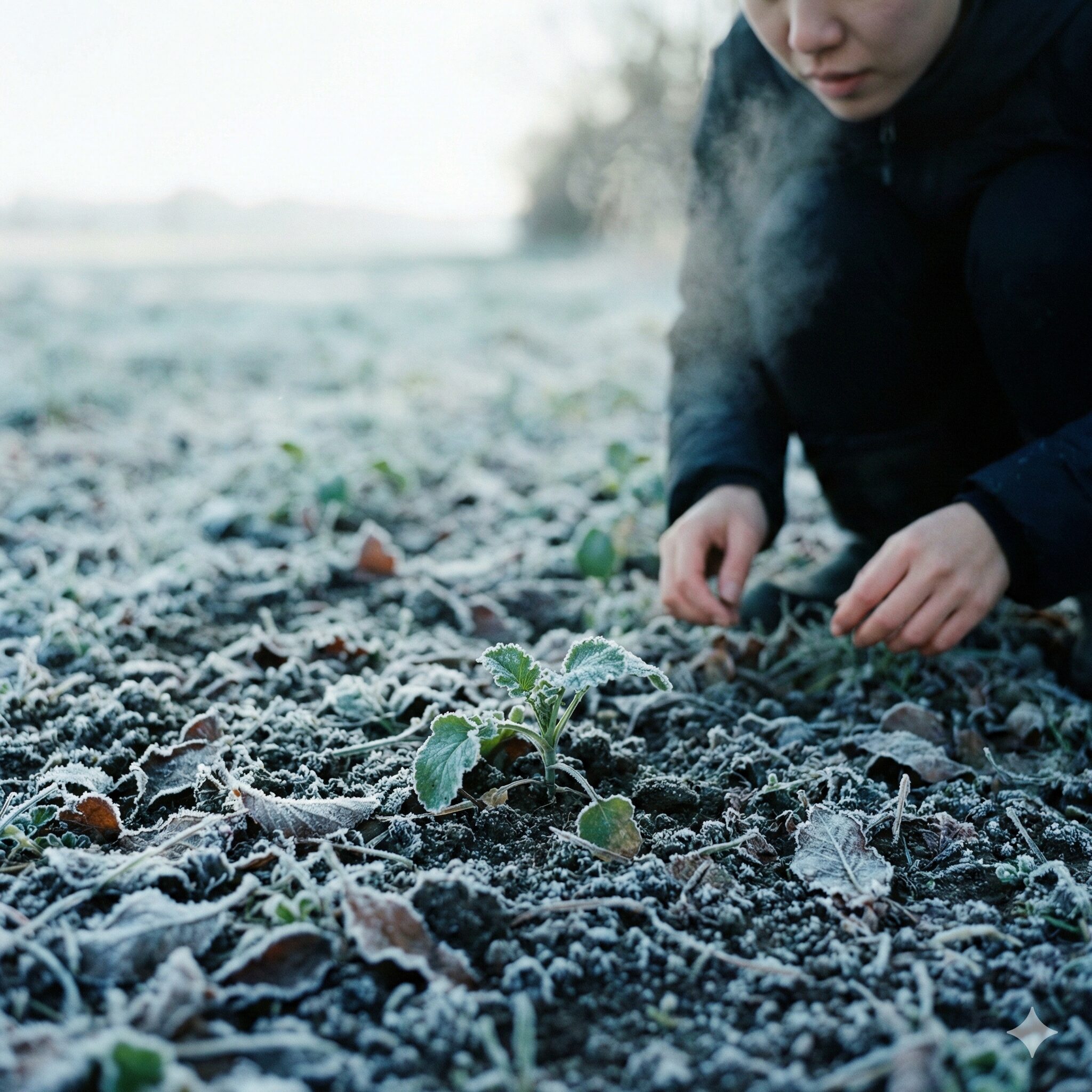 菜の花 種まき 11月2　11月の菜の花栽培で注意すべき初霜が降りた土壌と小さな苗