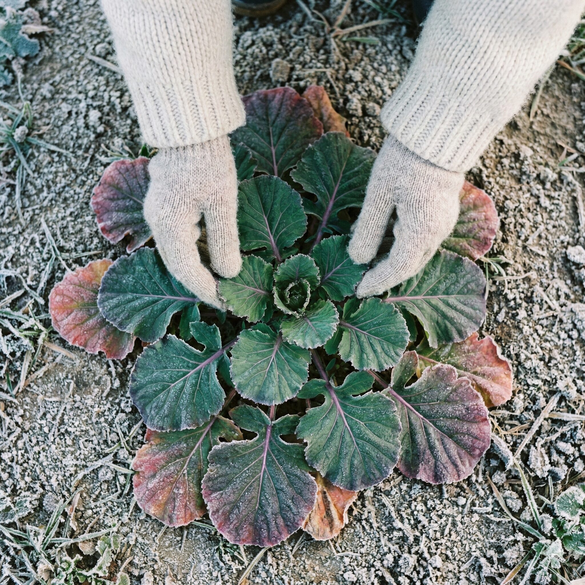 菜の花 種まき 11月3　　冬越しのために地面に葉を広げてロゼット状になった菜の花の耐寒苗