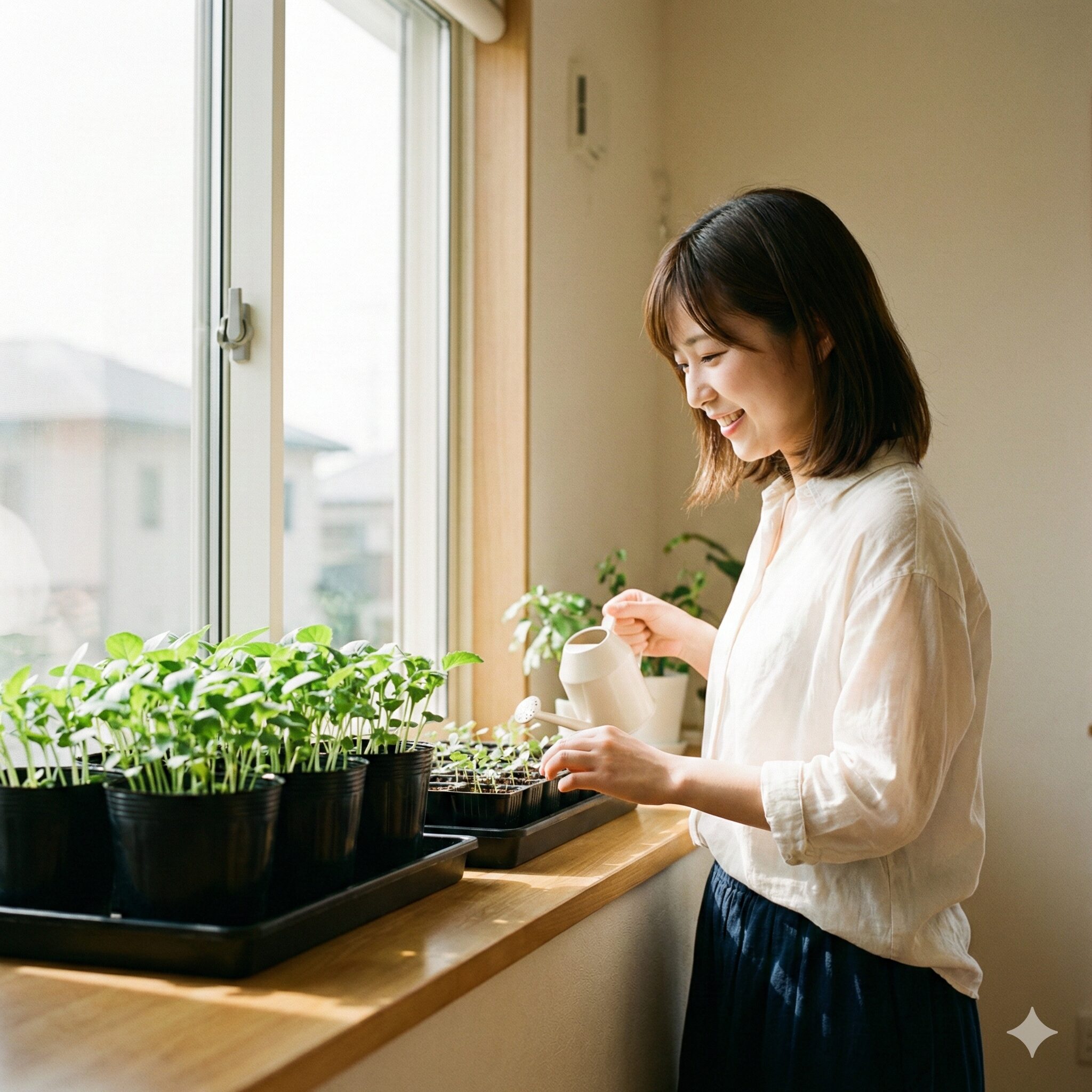 菜の花 種まき 11月6　11月の低温を避けて暖かい室内でポット育苗される菜の花の芽