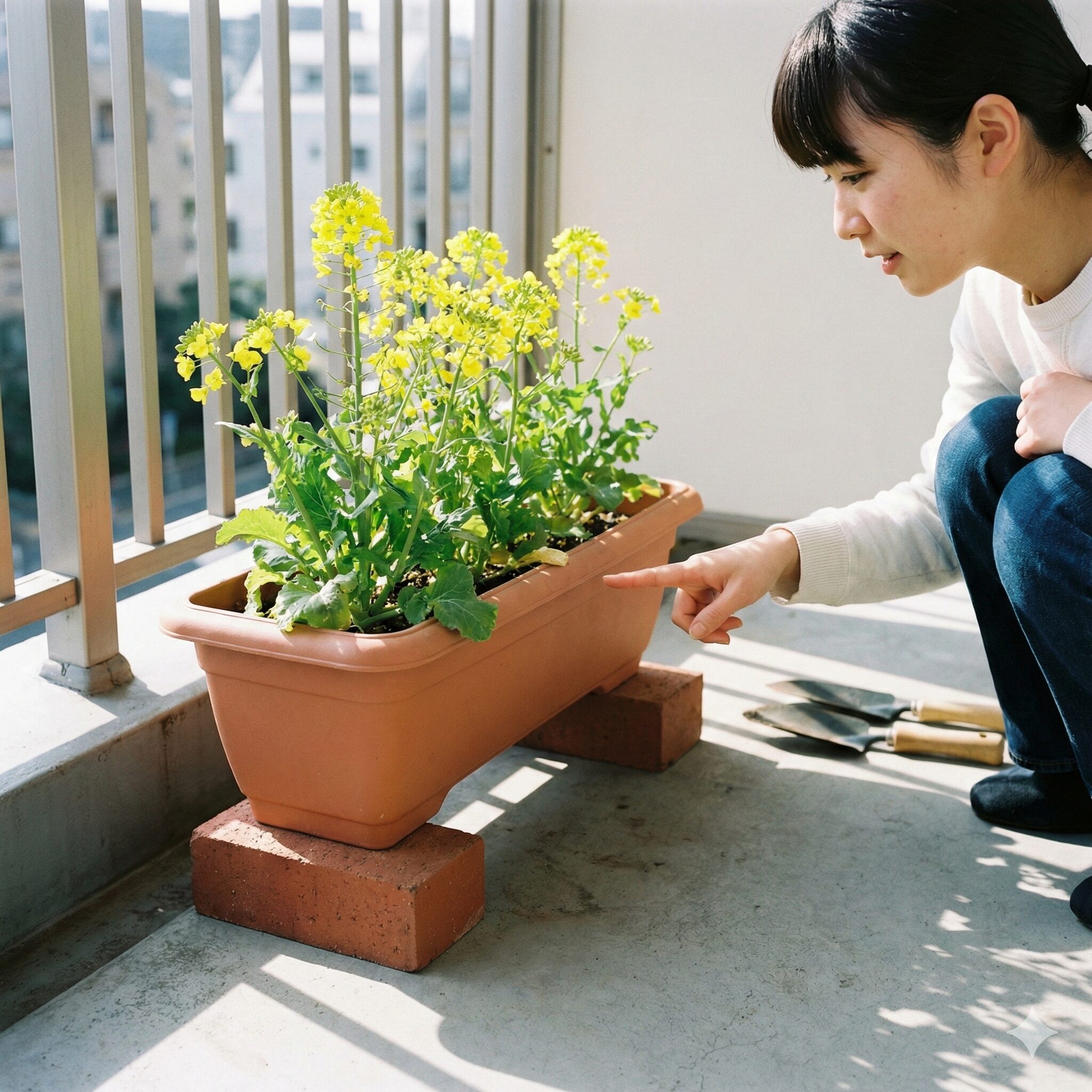 菜の花 種まき 11月7　ベランダの底冷えを防ぐためにレンガで底上げした菜の花のプランター