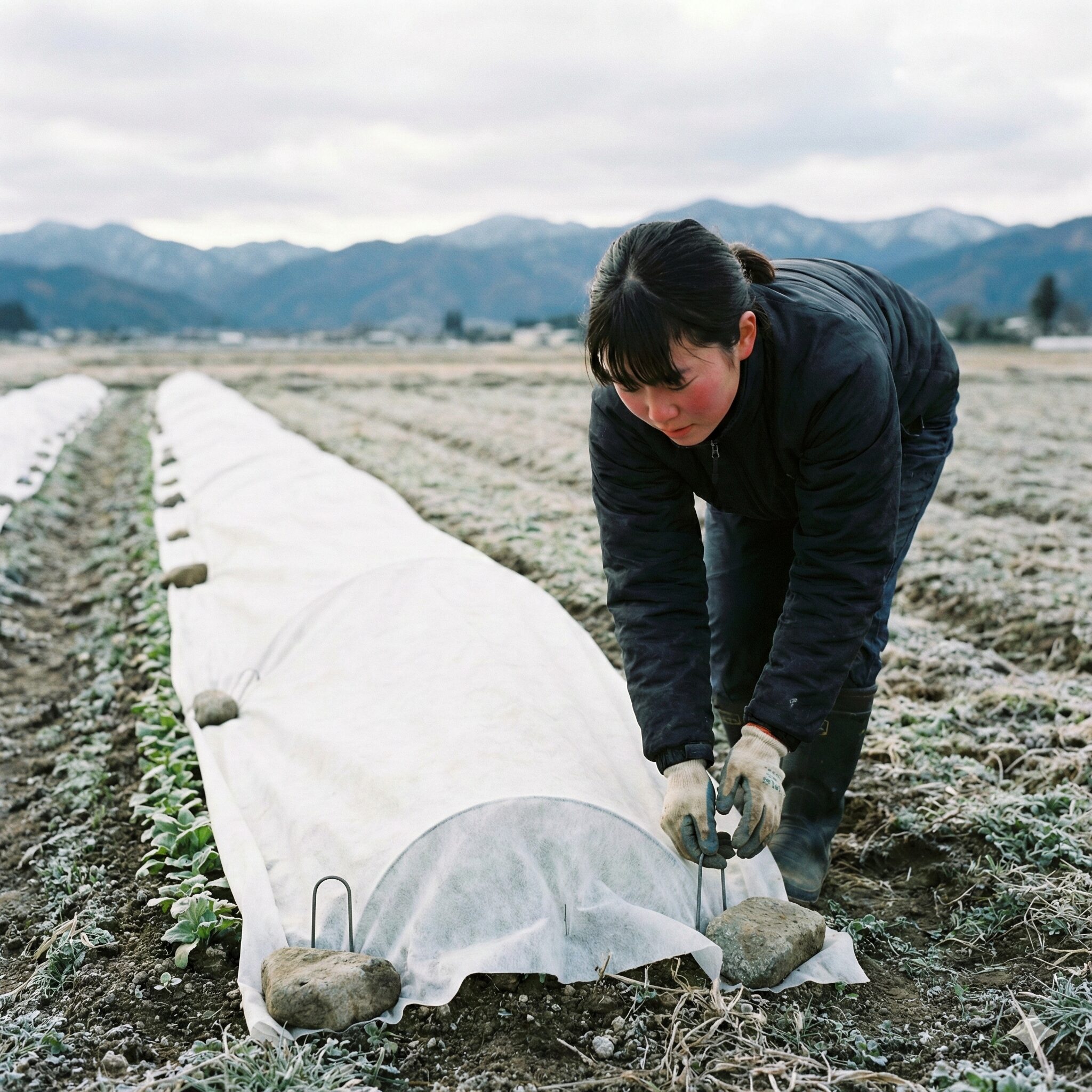菜の花 種まき 11月8　霜や寒風から菜の花の苗を保護する不織布のベタ掛け防寒対策
