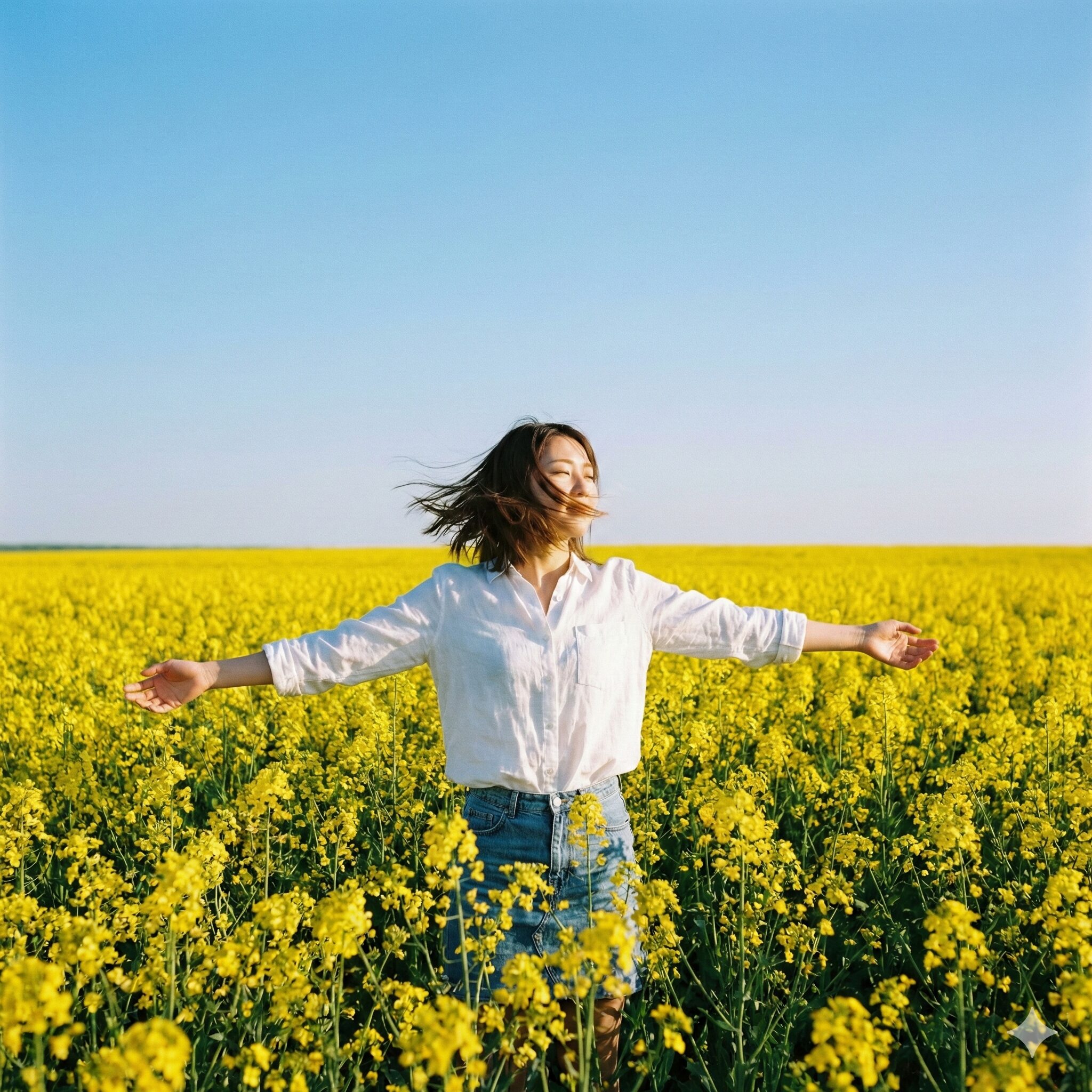 菜の花 花食べれる1　春の青空の下で一面に広がる黄色い菜の花畑の風景