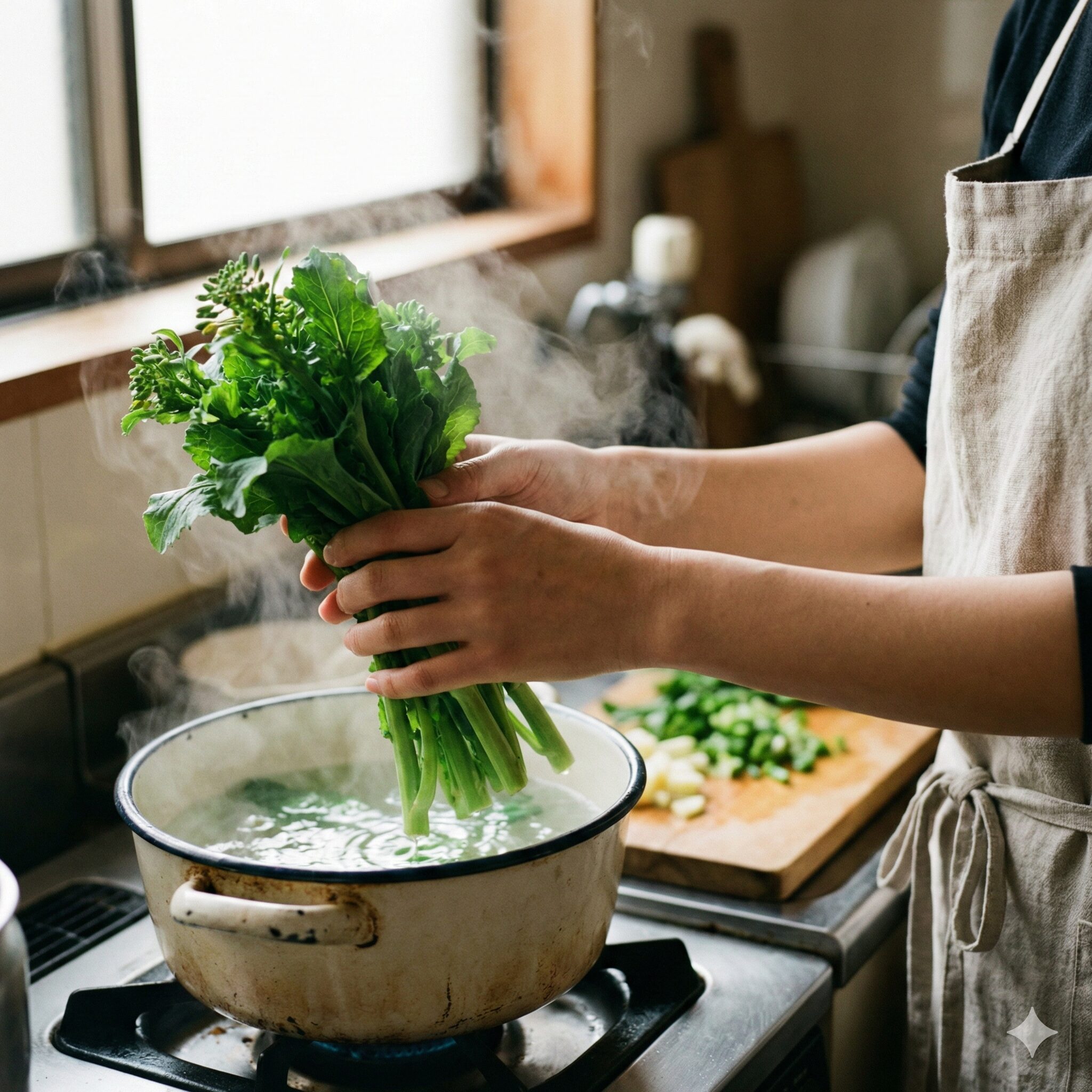 菜の花 花食べれる6　菜の花を均一に美味しく茹でるコツである茎と蕾の時間差茹で