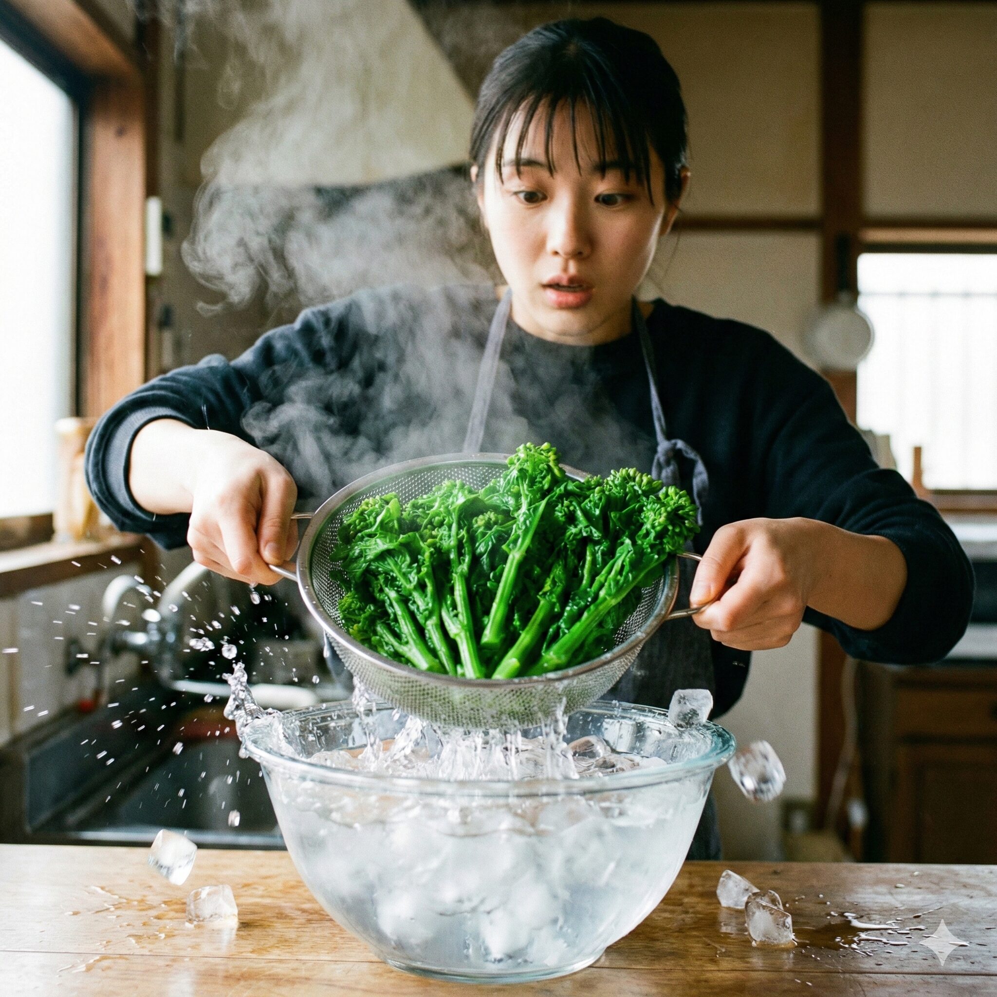 菜の花 花食べれる7　菜の花の鮮やかな緑色をキープするための氷水による色止め工程
