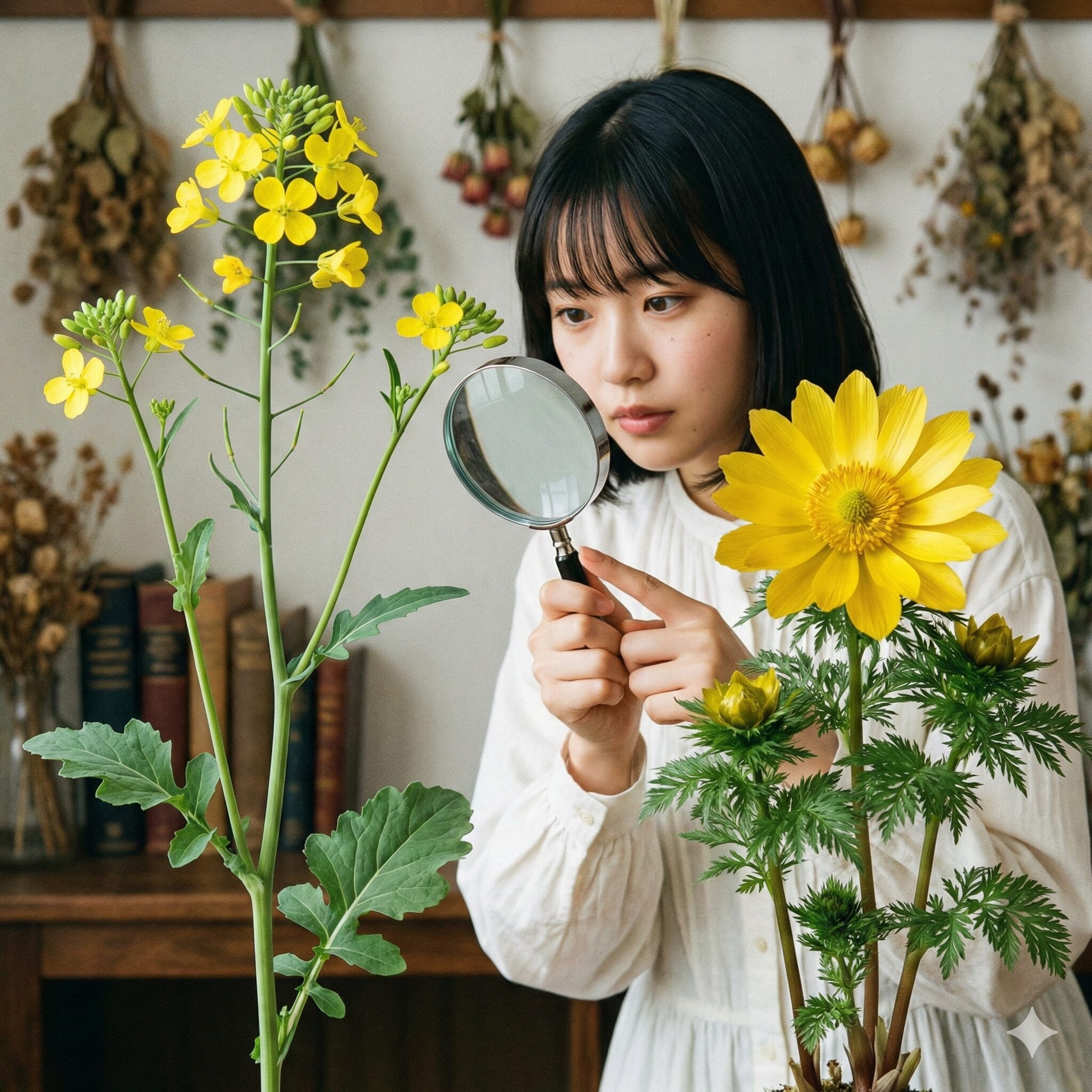 菜の花 花食べれる8　誤食を防ぐための菜の花と猛毒の福寿草の花と葉の形の違い
