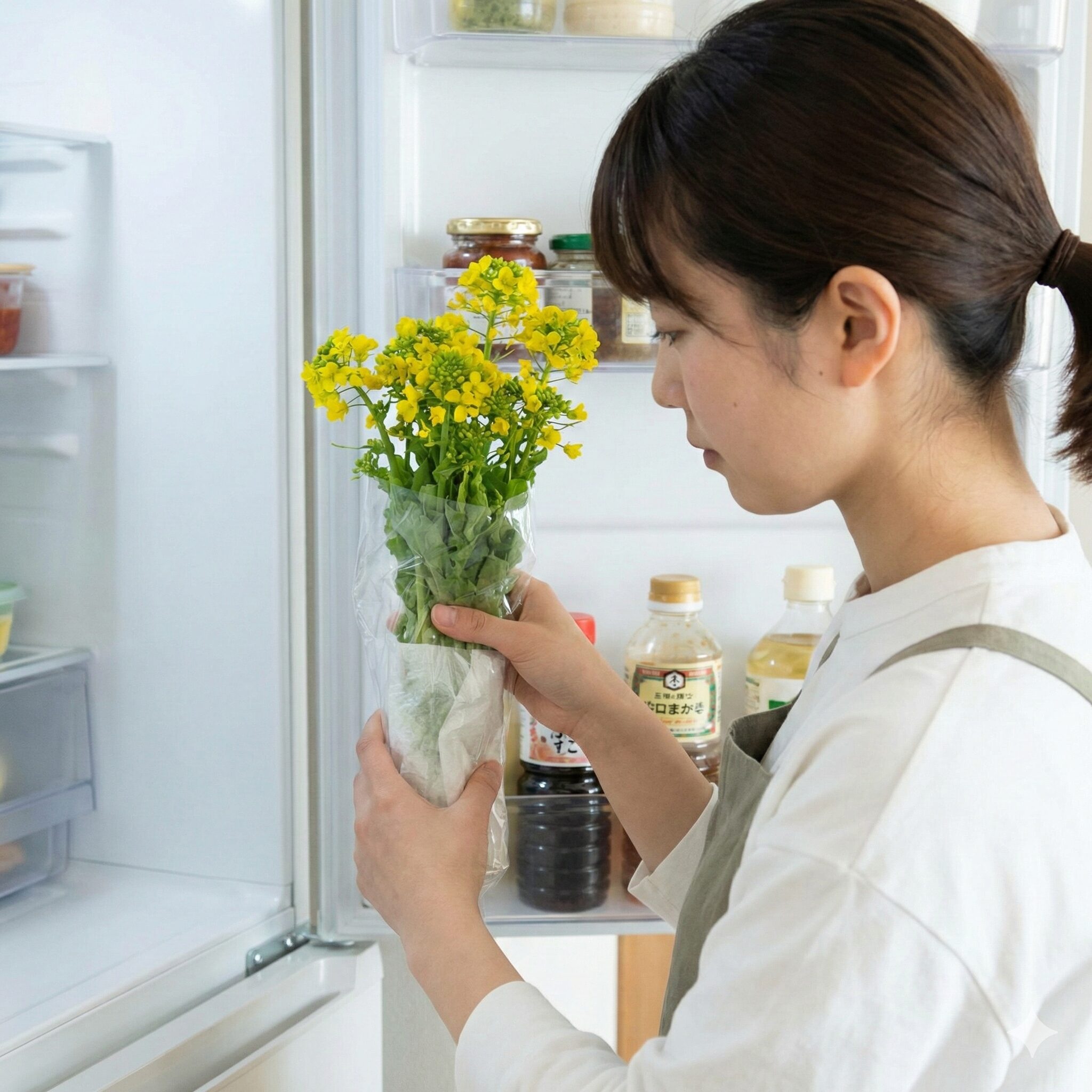 菜の花 花食べれる9　菜の花の鮮度と甘みを長持ちさせる立てて冷蔵保存する方法