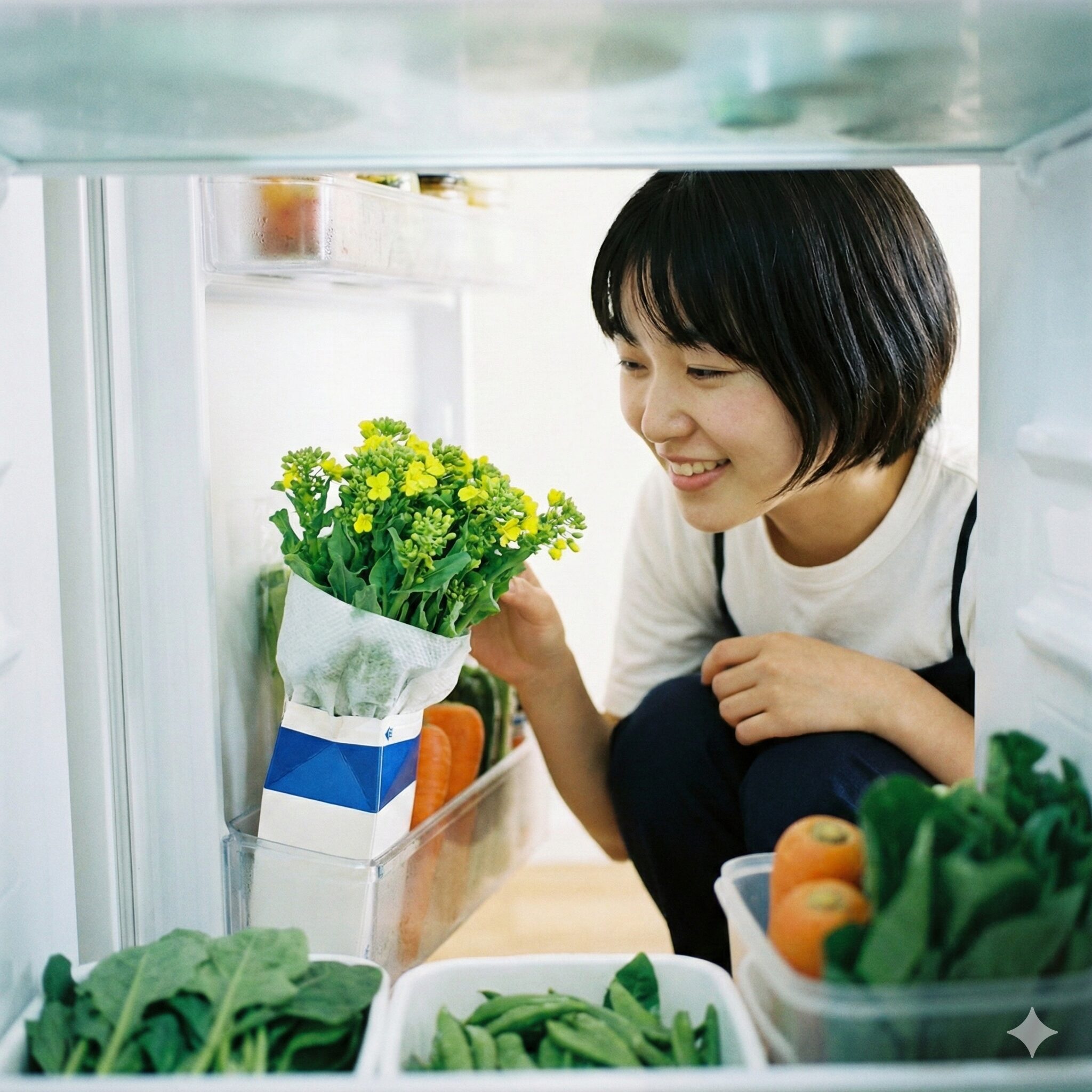 菜の花に似た野菜10 冷蔵庫の野菜室で湿らせた紙に包み立てて保存される菜の花