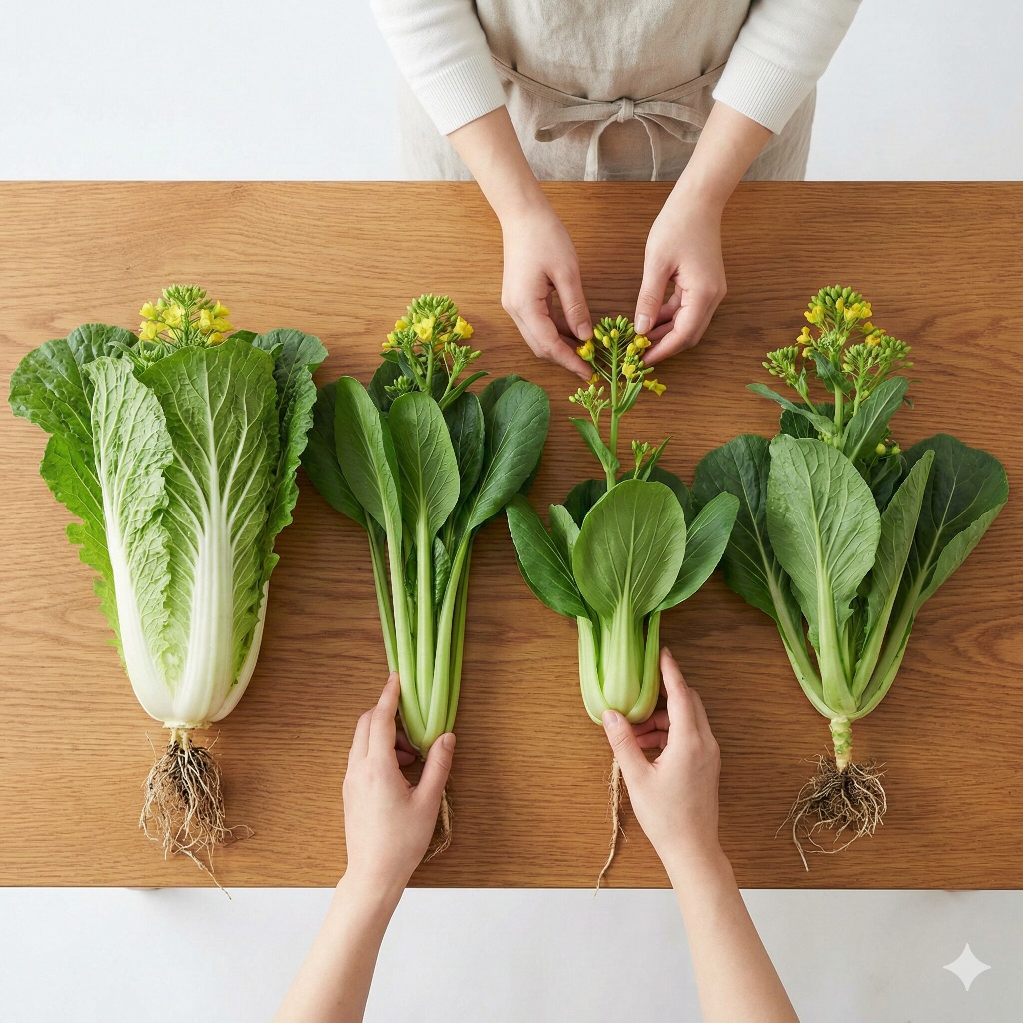 菜の花に似た野菜2 白菜、小松菜、チンゲンサイ、キャベツそれぞれの菜花の形状比較
