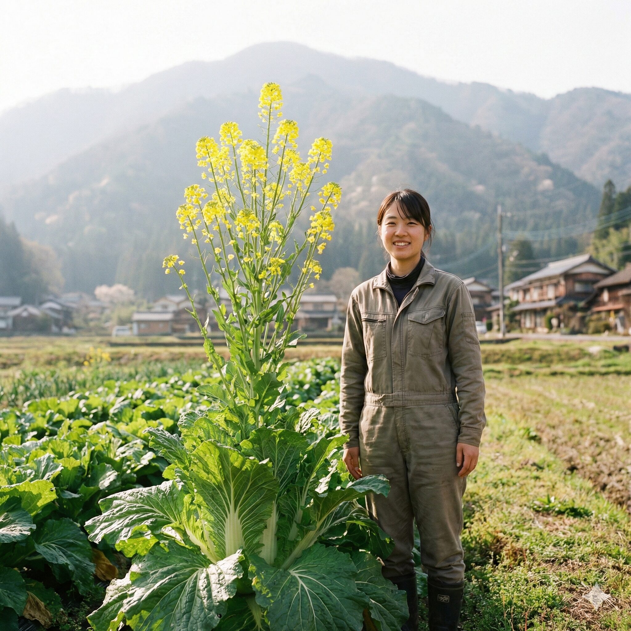 菜の花に似た野菜3 春の畑で白菜が「とう立ち」して黄色い花を咲かせている様子