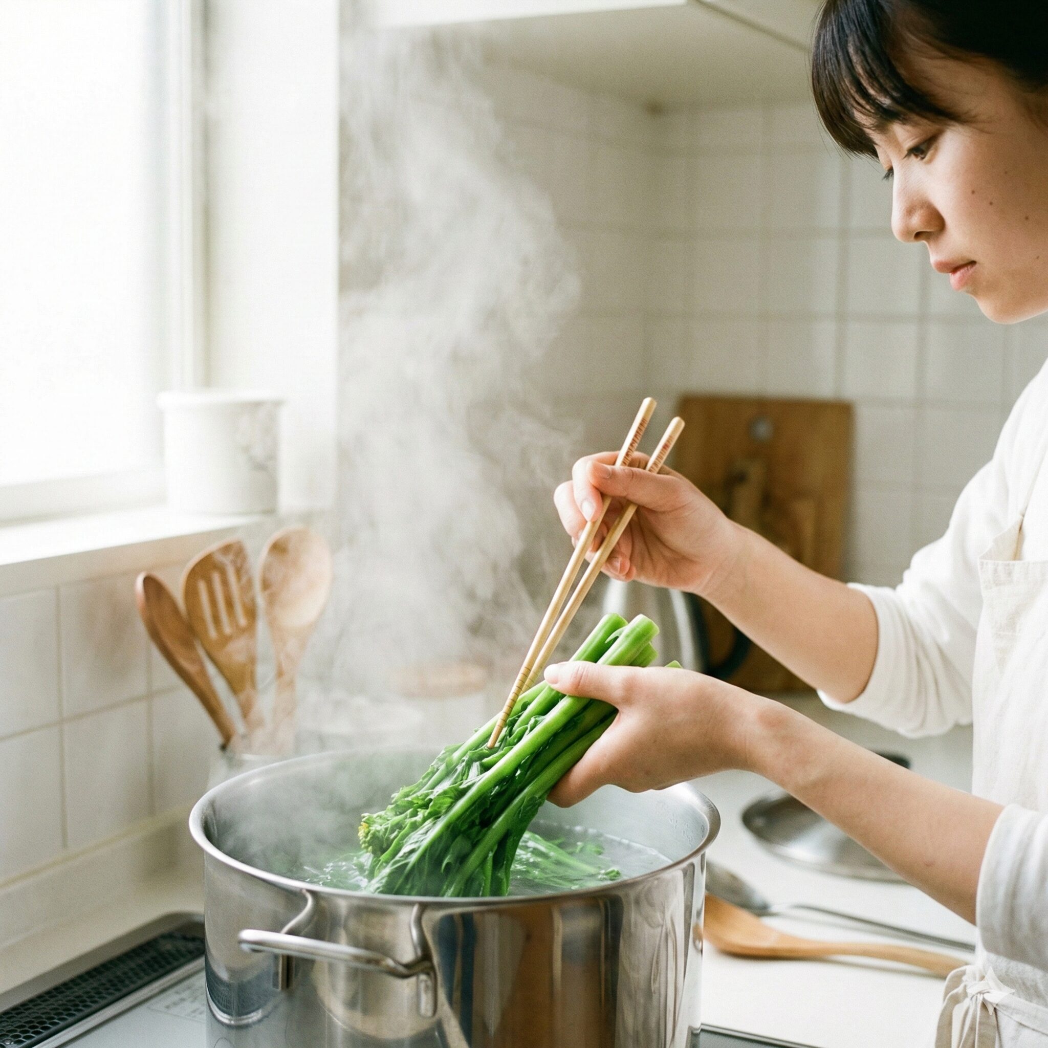 菜の花に似た野菜9 菜の花を美味しく茹でるコツである「茎からお湯に入れる」調理工程