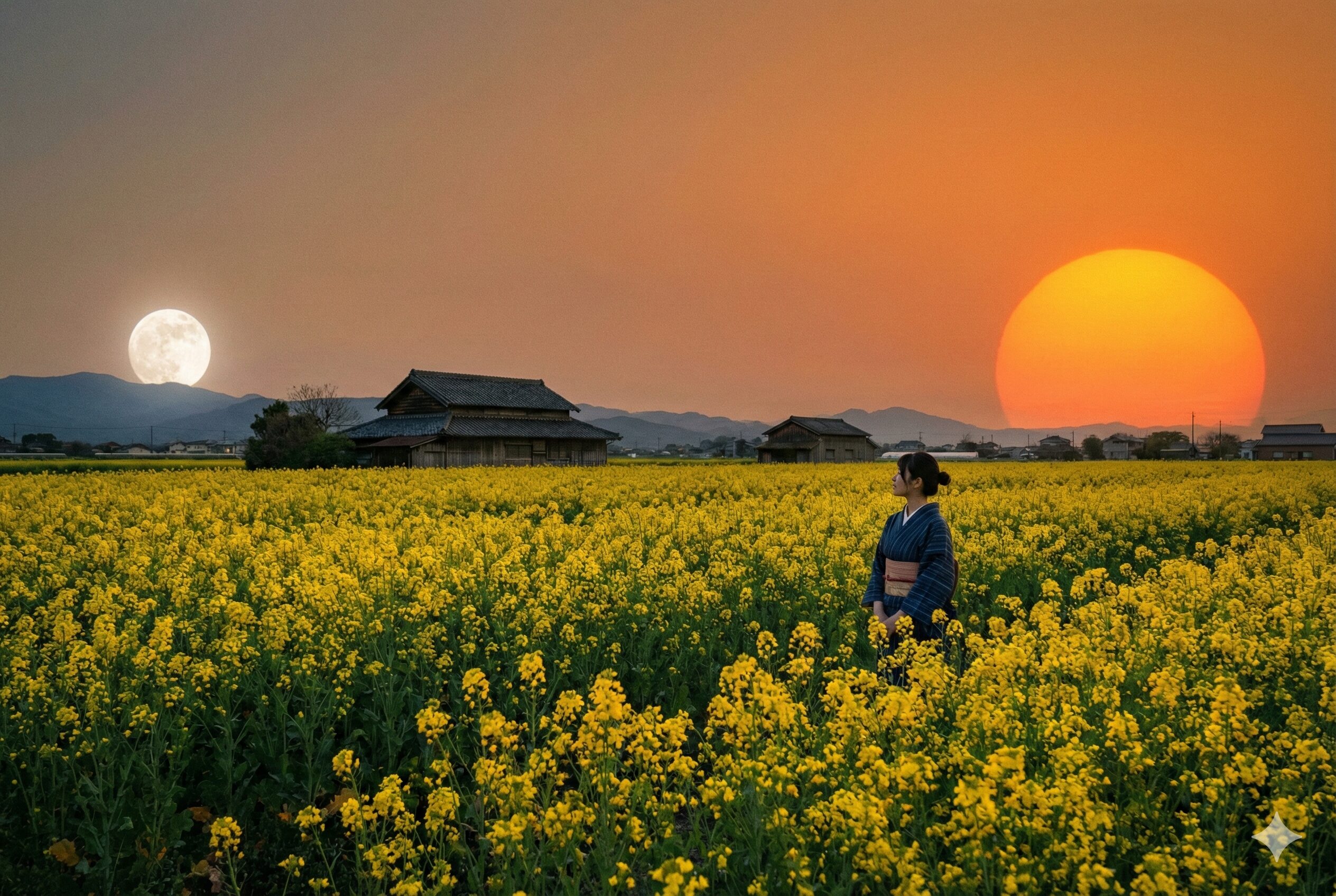 菜の花や月は東に日は西に 季語1　菜の花畑の上に夕日と満月が同時に現れる、与謝蕪村の俳句をイメージしたパノラマ風景写真