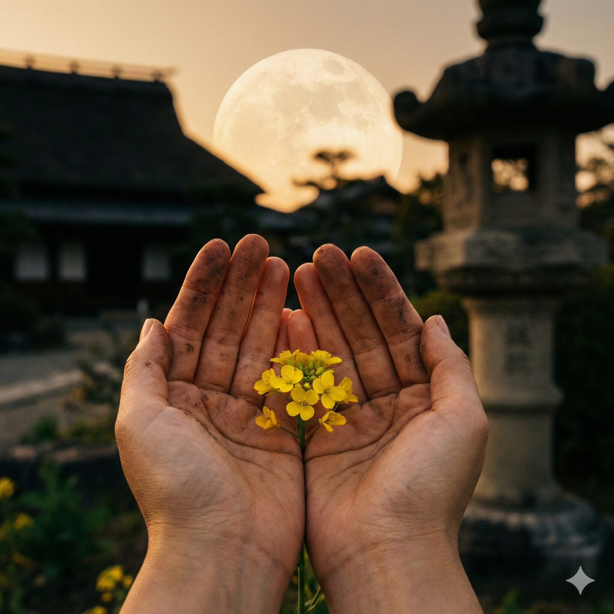 菜の花や月は東に日は西に 季語10 現代の暮らしの中に生き続ける菜の花と月の美しさ。不朽の名句を感じさせる庭の情景。