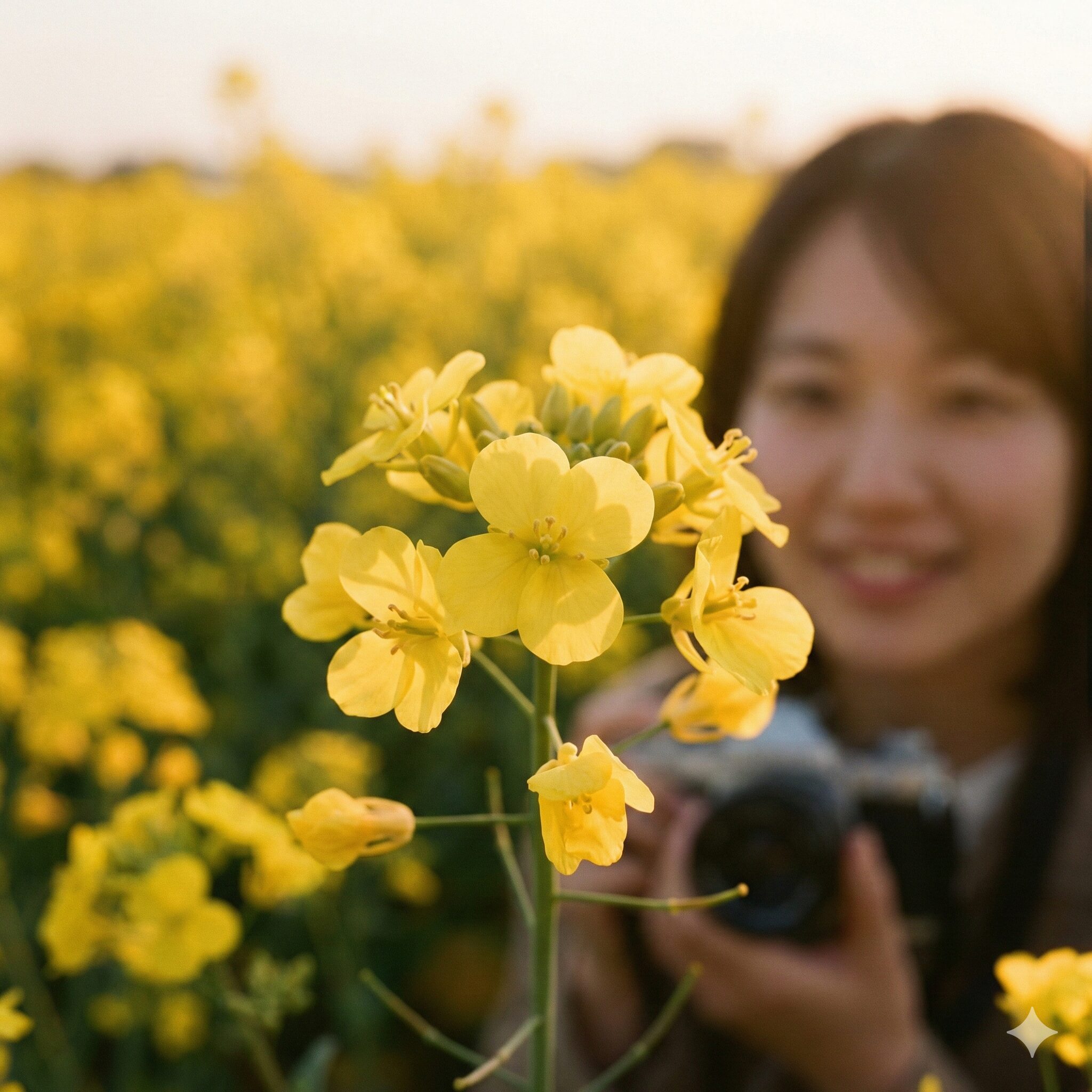 菜の花や月は東に日は西に 季語2 晩春の季語である菜の花(アブラナ)のクローズアップ。黄色い花びらが鮮やかな春の風景。
