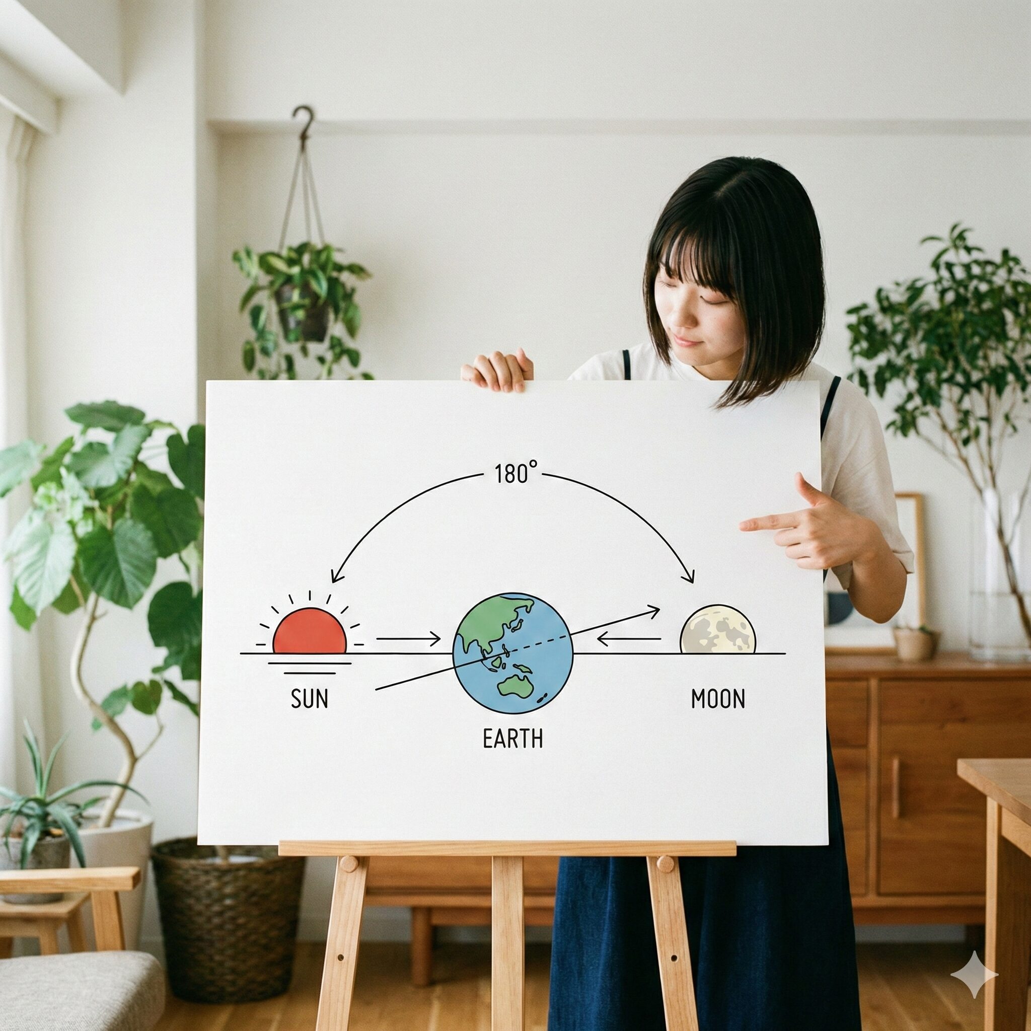 菜の花や月は東に日は西に 季語5 夕暮れ時に太陽と満月が反対方向に位置する天文学的な仕組みの図解イラスト。