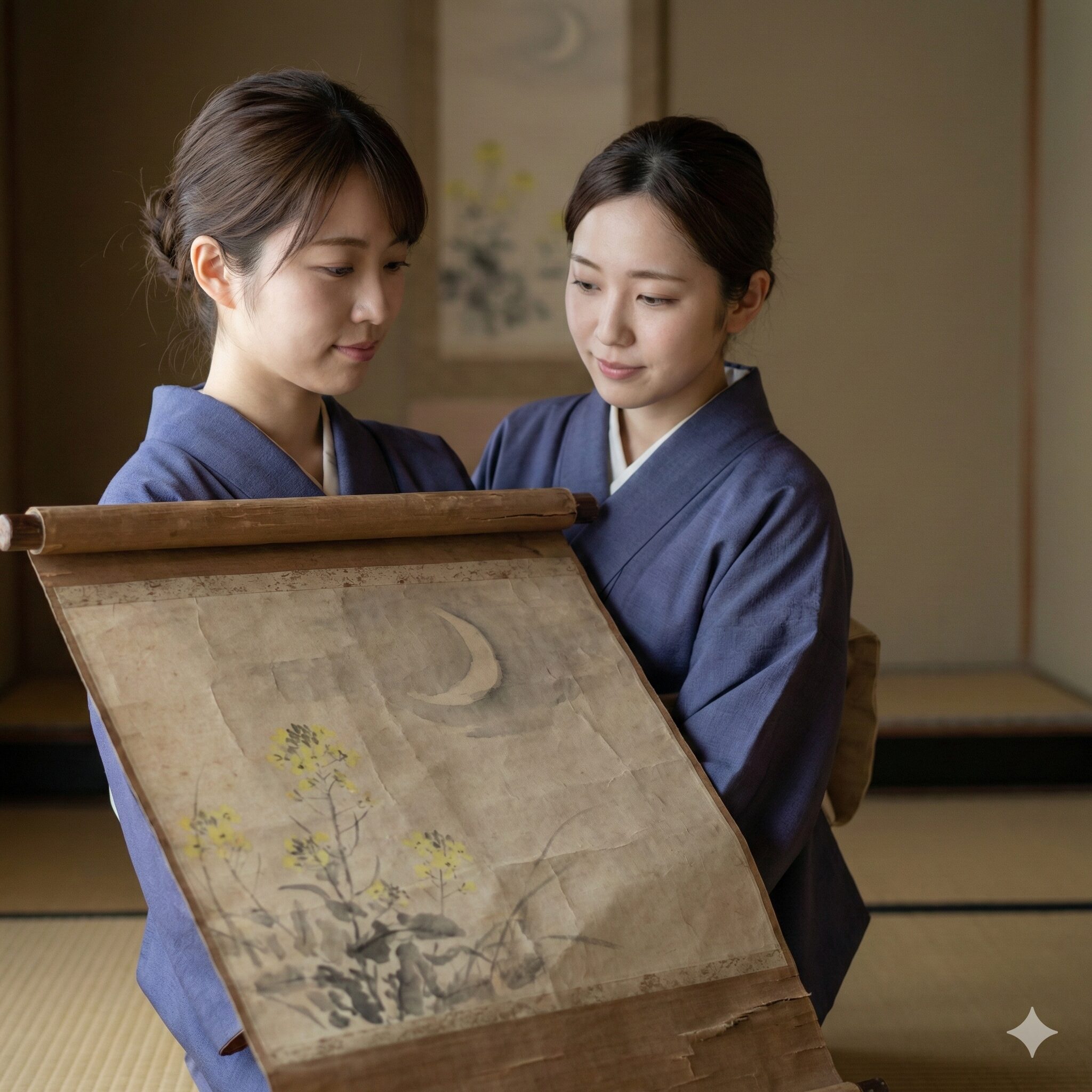 菜の花や月は東に日は西に 季語6 画家・与謝蕪村の画風をイメージした、菜の花と月の伝統的な日本画(文人画)。