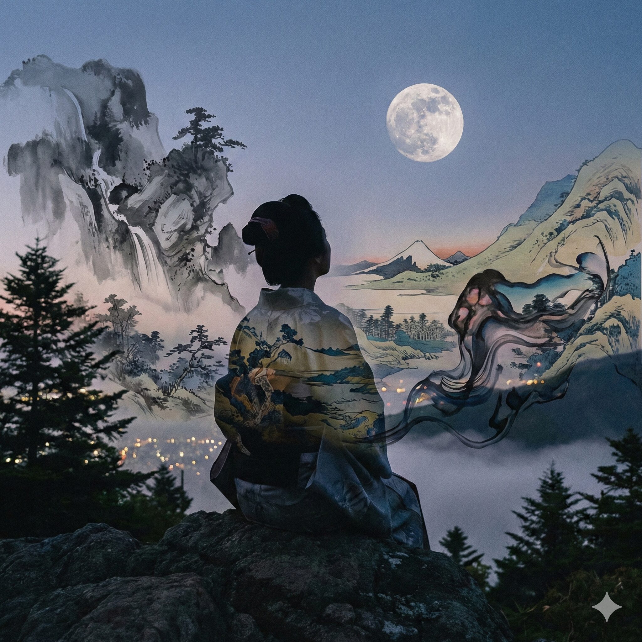 菜の花や月は東に日は西に 季語8 摩耶山で俳句を構想する俳人のシルエット。現実と創作の境界線をイメージした情景。