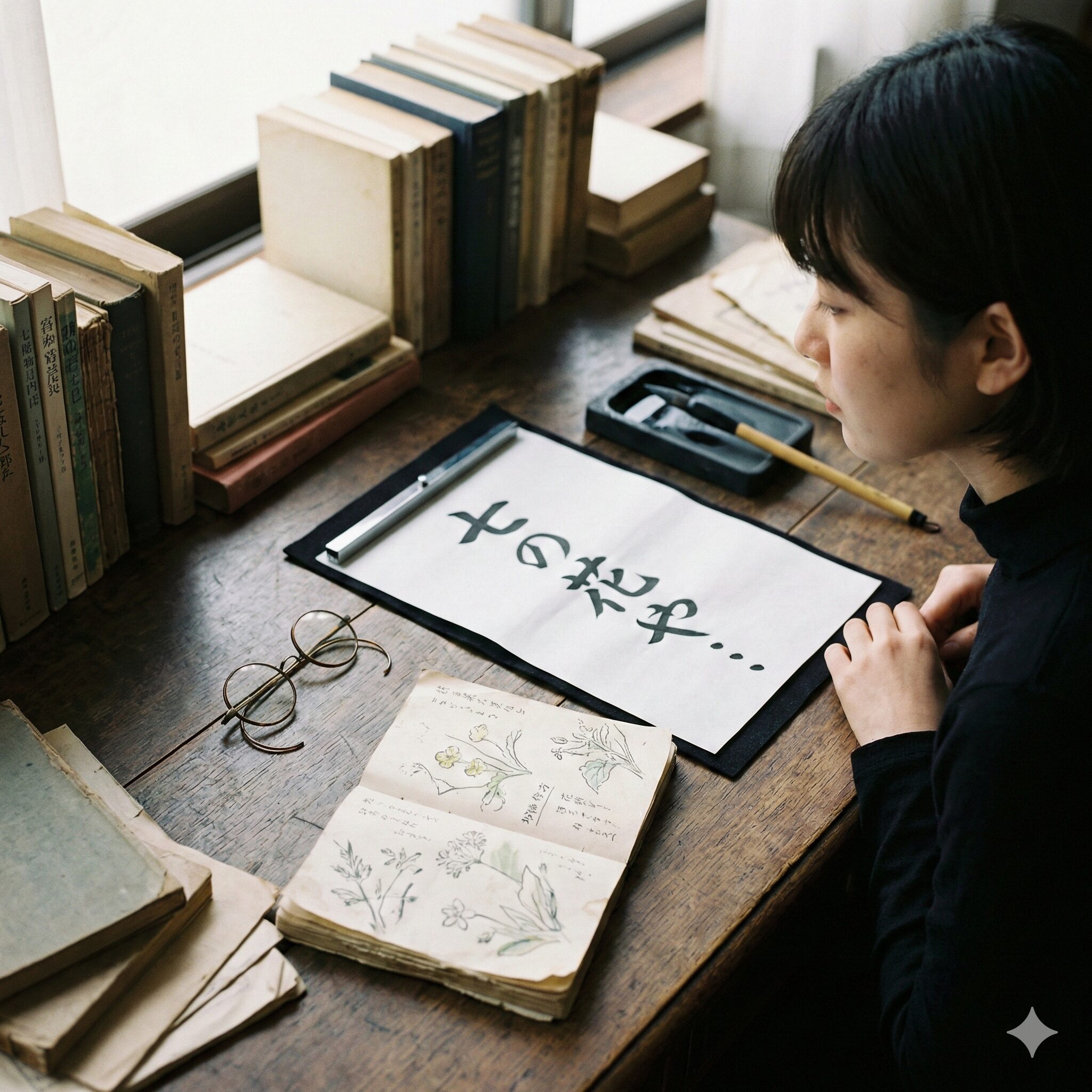 菜の花や月は東に日は西に 季語9 俳句の歴史を感じさせる文房具と原稿。与謝蕪村と正岡子規のつながりを象徴するイメージ。