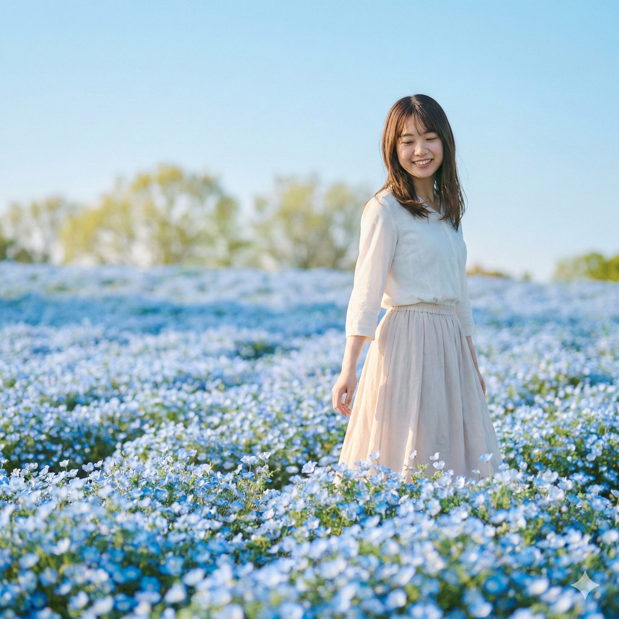 蒼月草 ネモフィラ 違い1　蒼月草のモデルとされるネモフィラが丘一面を青く染める幻想的な春の風景