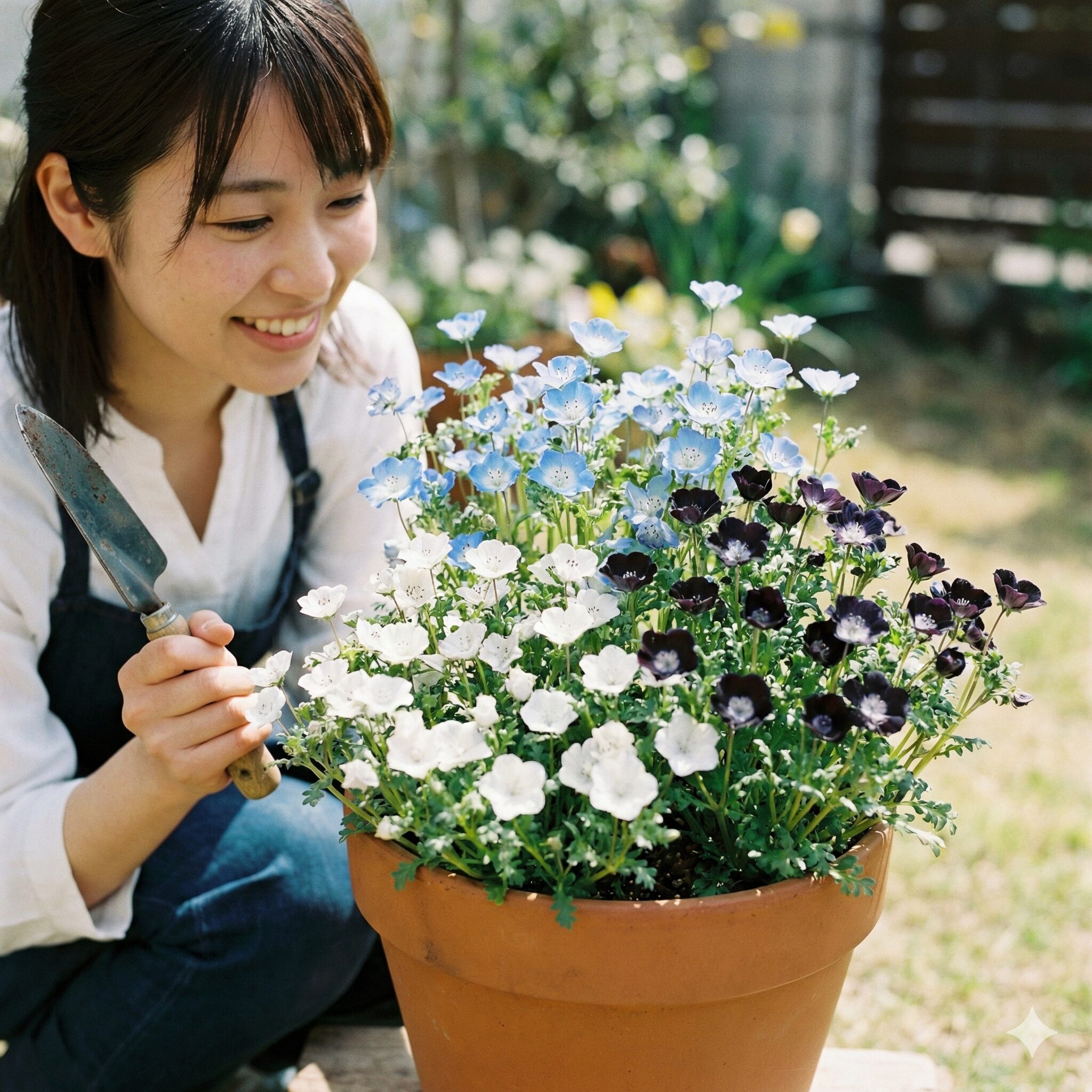 蒼月草 ネモフィラ 違い6 インシグニスブルーやペニーブラックなど異なる品種のネモフィラを組み合わせた寄せ植え