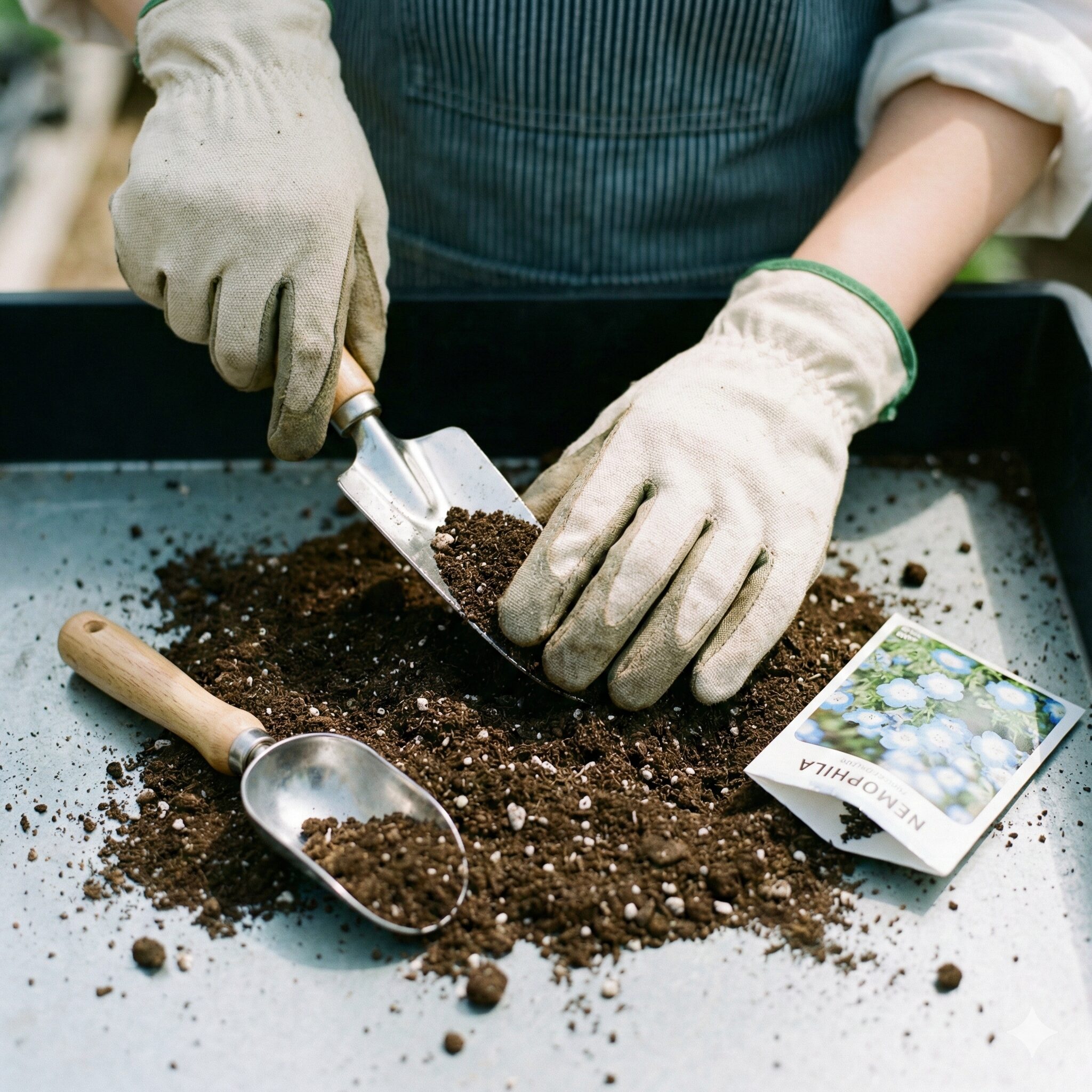 蒼月草 ネモフィラ 違い9 ネモフィラの嫌光性種子を適切な深さにまいて土を被せる種まきの作業工程