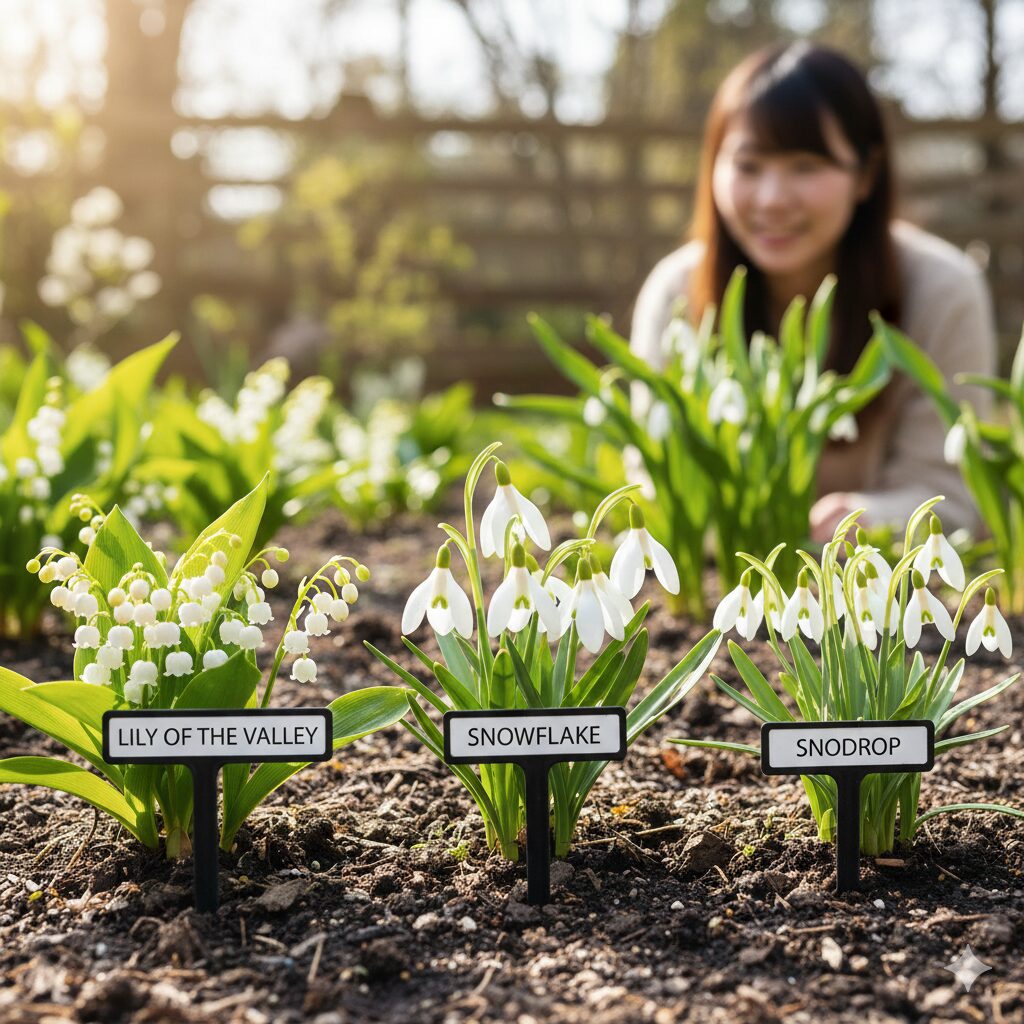 鈴蘭 似てる花1　庭に咲く鈴蘭（スズラン）とスノーフレーク、スノードロップの比較イメージ