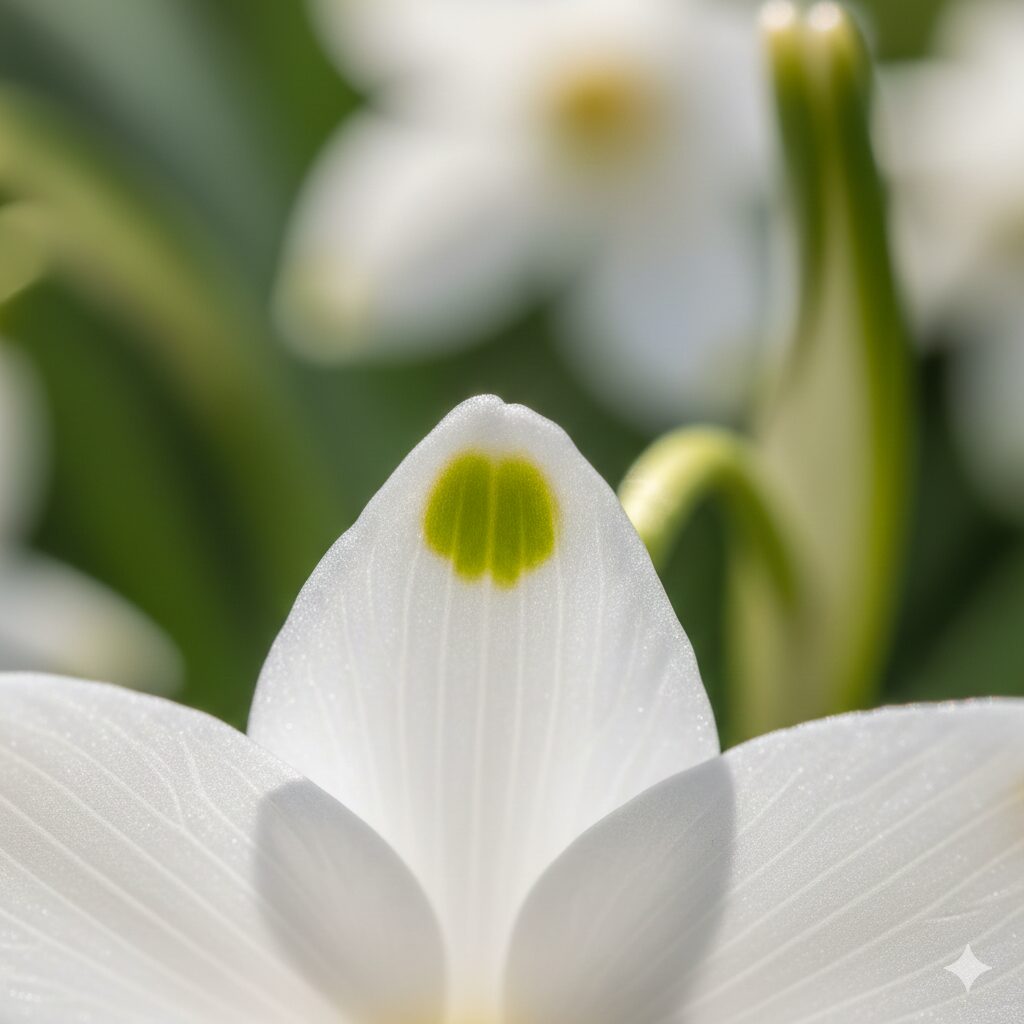 鈴蘭 似てる花2　スノーフレークの花びらの先端にある緑色の斑点の拡大写真