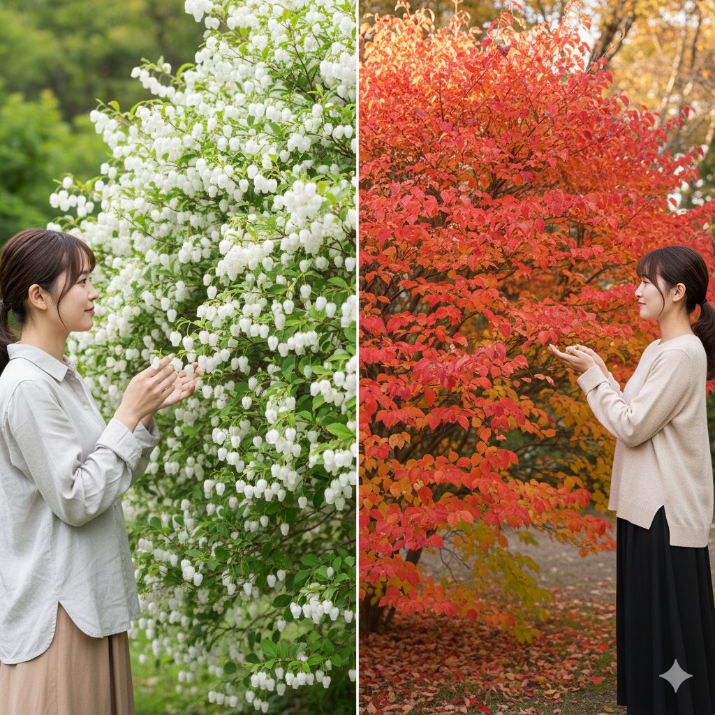 鈴蘭 似てる花5　ドウダンツツジの春の白い花と秋の鮮やかな紅葉の比較