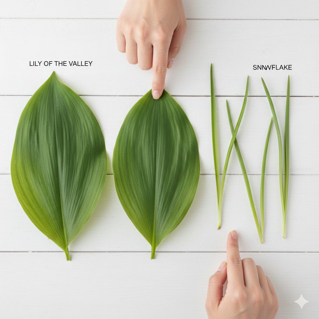 鈴蘭 似てる花6　鈴蘭の幅広の葉とスノーフレークの細長い葉の形状比較