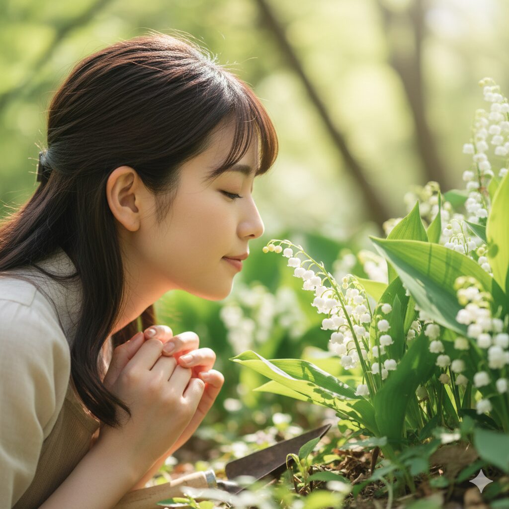 鈴蘭 似てる花7　鈴蘭の香りを楽しみながらガーデニングをする様子