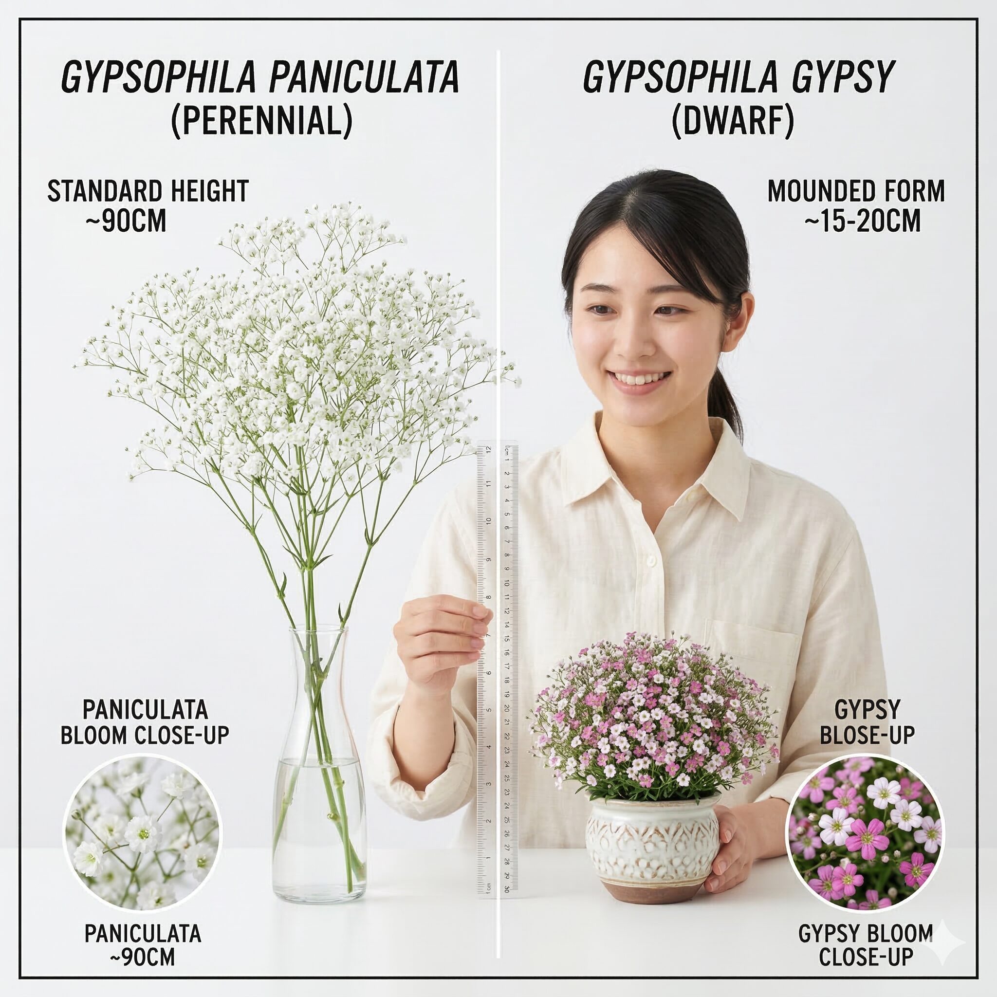 かすみ草 育て方 プランター2　背の高い宿根かすみ草とコンパクトな矮性種ジプシーの比較