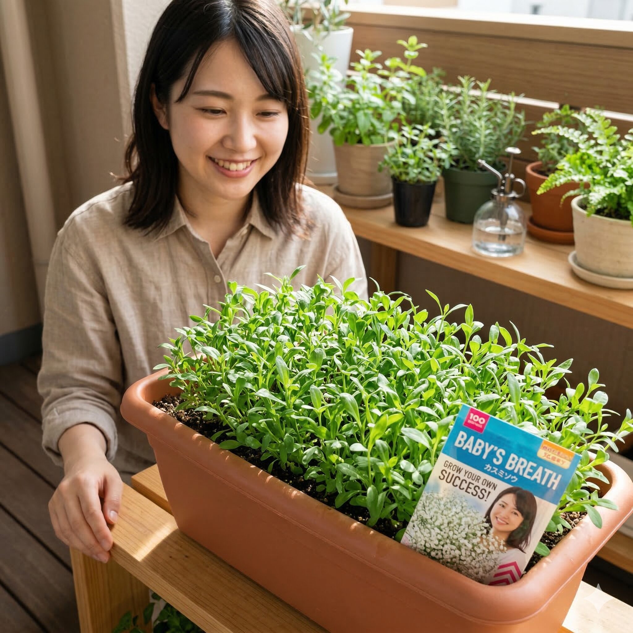 かすみ草 育て方 プランター5　100均の種から発芽して元気に育ったかすみ草の若い苗